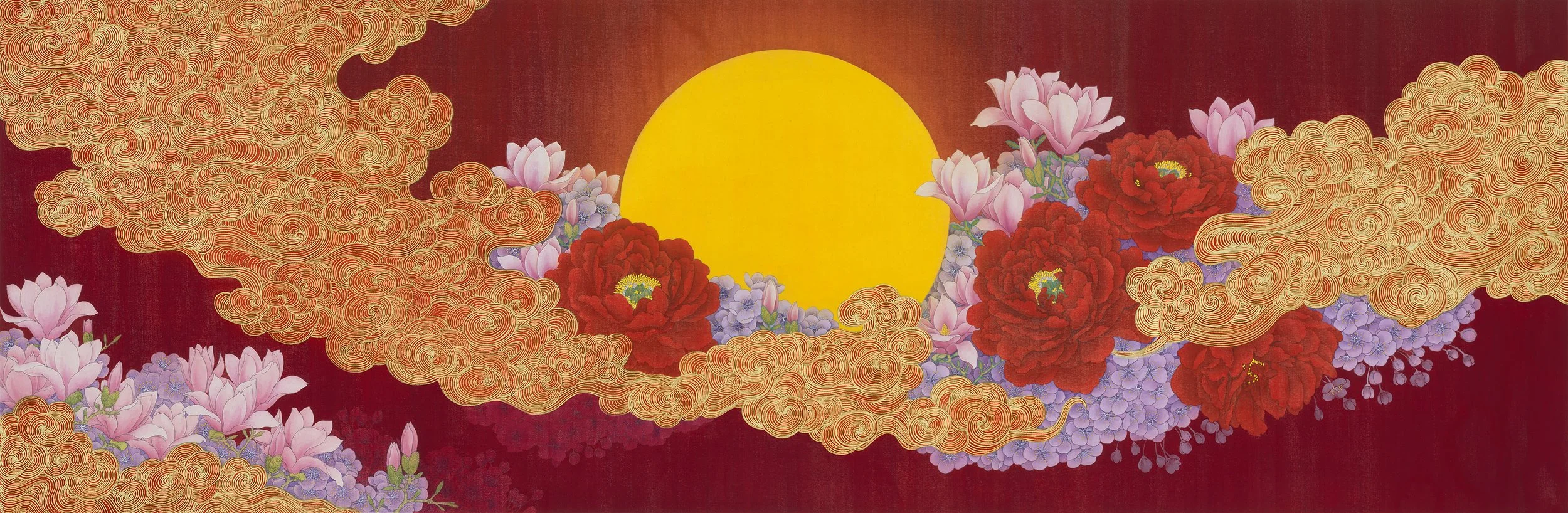 Auspicious Clouds and Floral Motifs--祥云春花图/Ink and color on silk/120cm x 30cm/2025