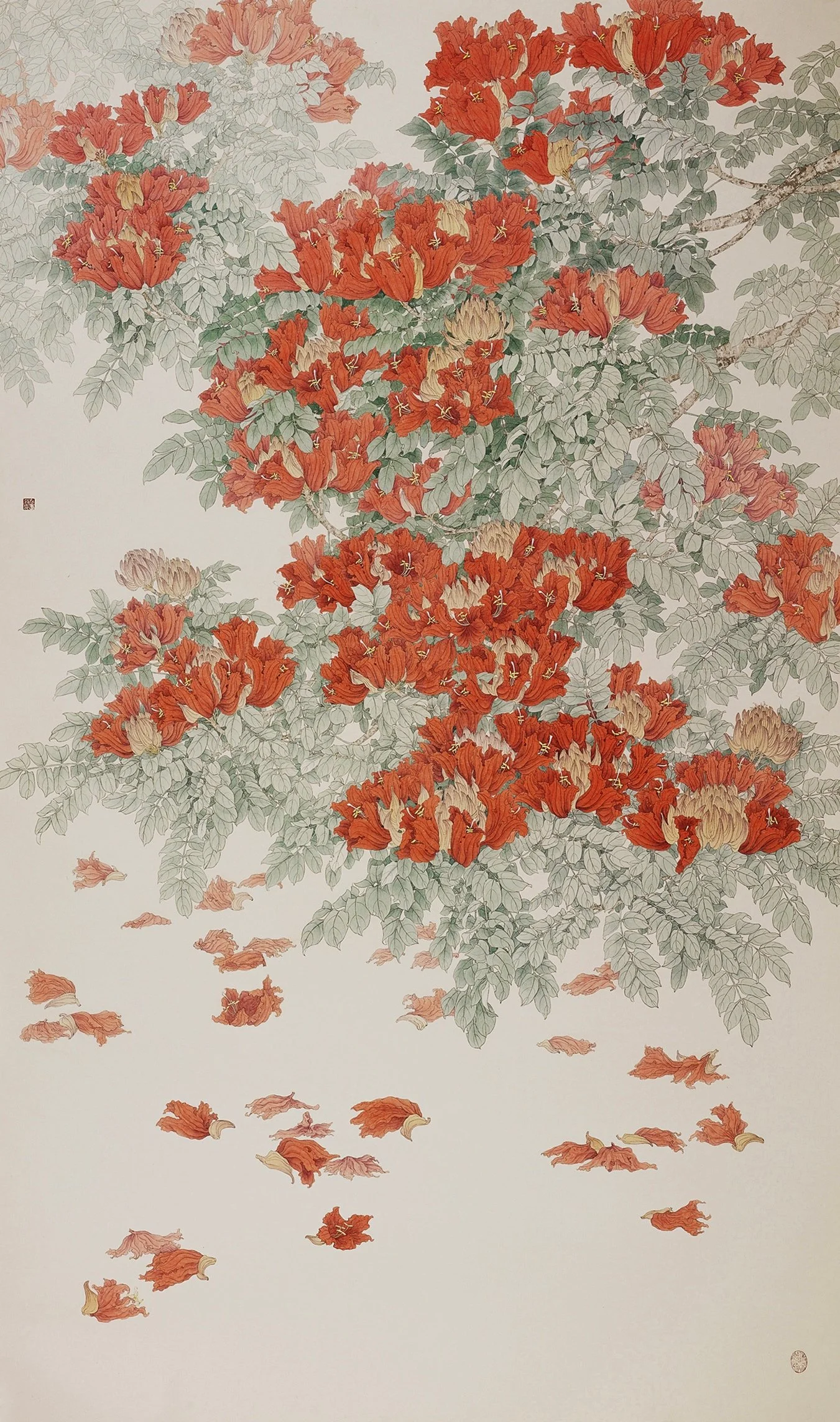 Blossoms of the flame tree 繁花盛焰--
ink and colour on Xuan paper/
47 x 82 in/120 x 210 cm/
2018