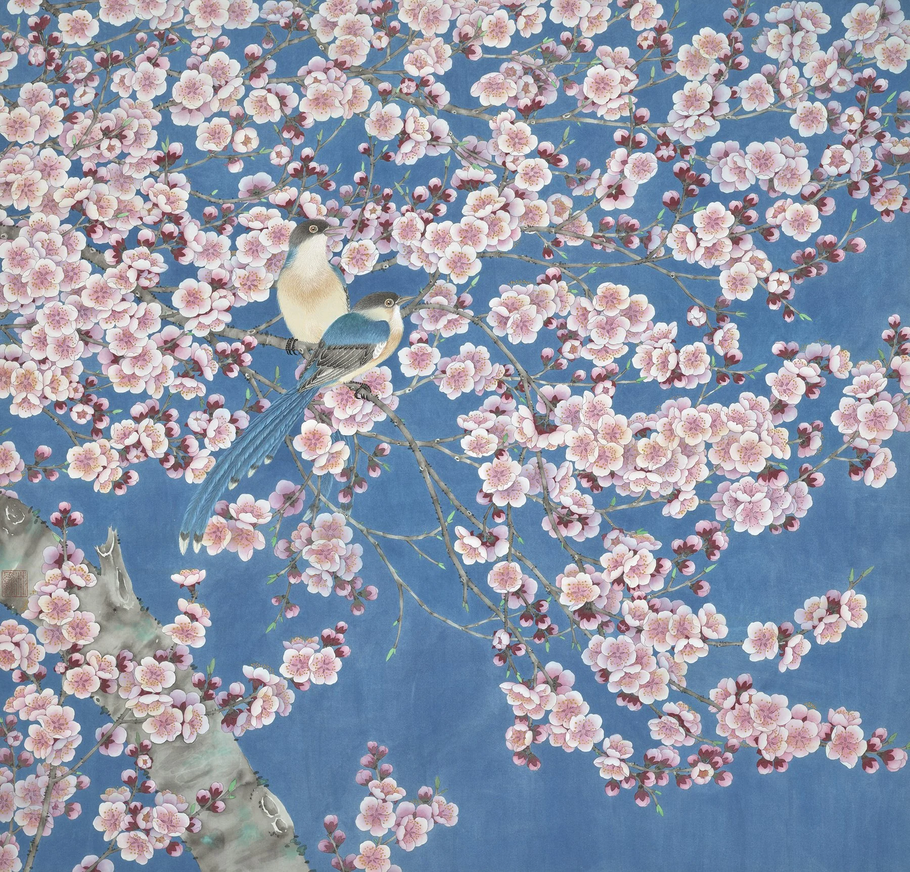 Magpies in Blossom
春喜图--
Mineral pigments on silk/
31.5 x 31.5 in / 80 x 80 cm/
2025