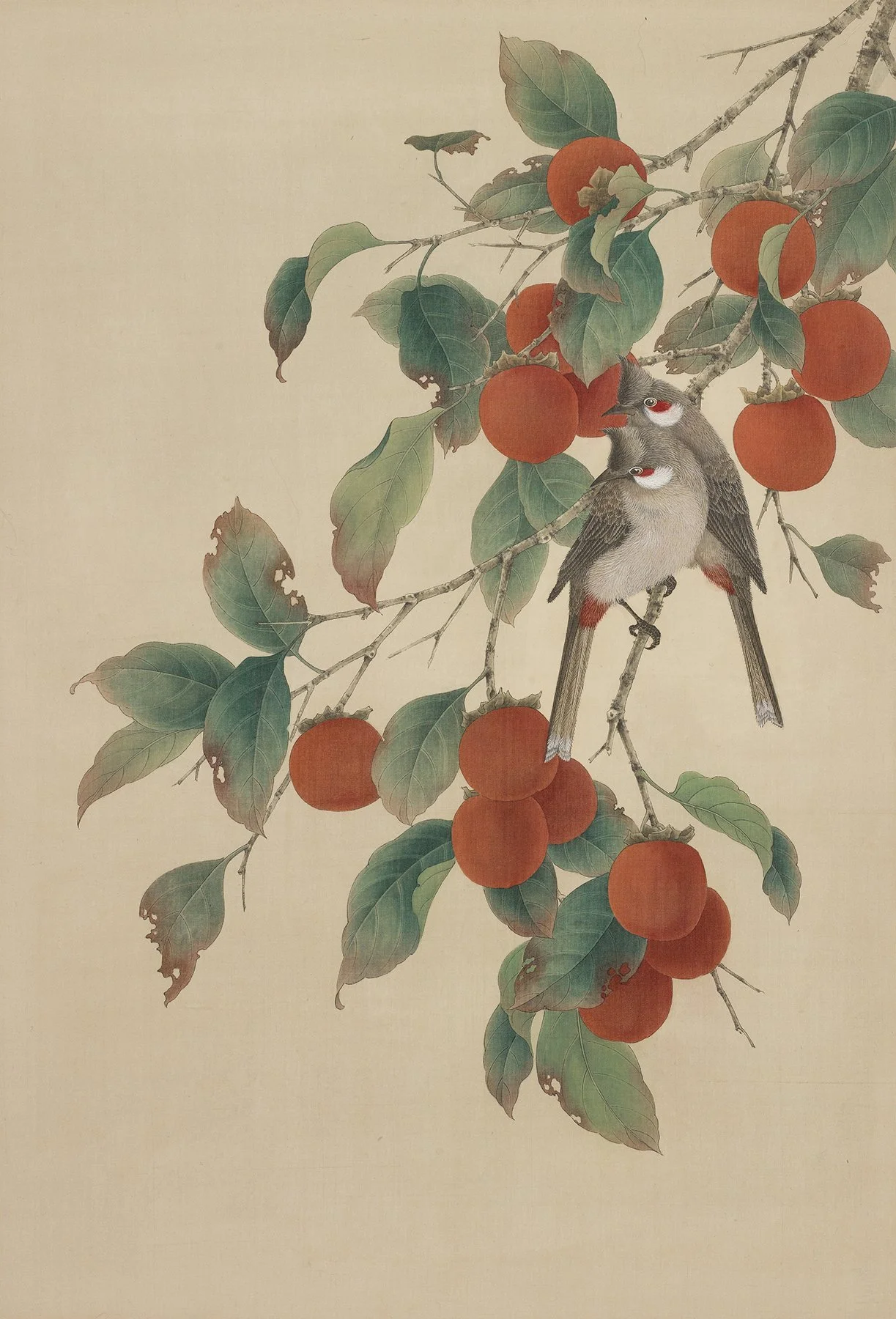 Persimmons and a bird 柿子小鸟--
ink and colour on silk/
17 x 25 in/43 x 64 cm/
2022