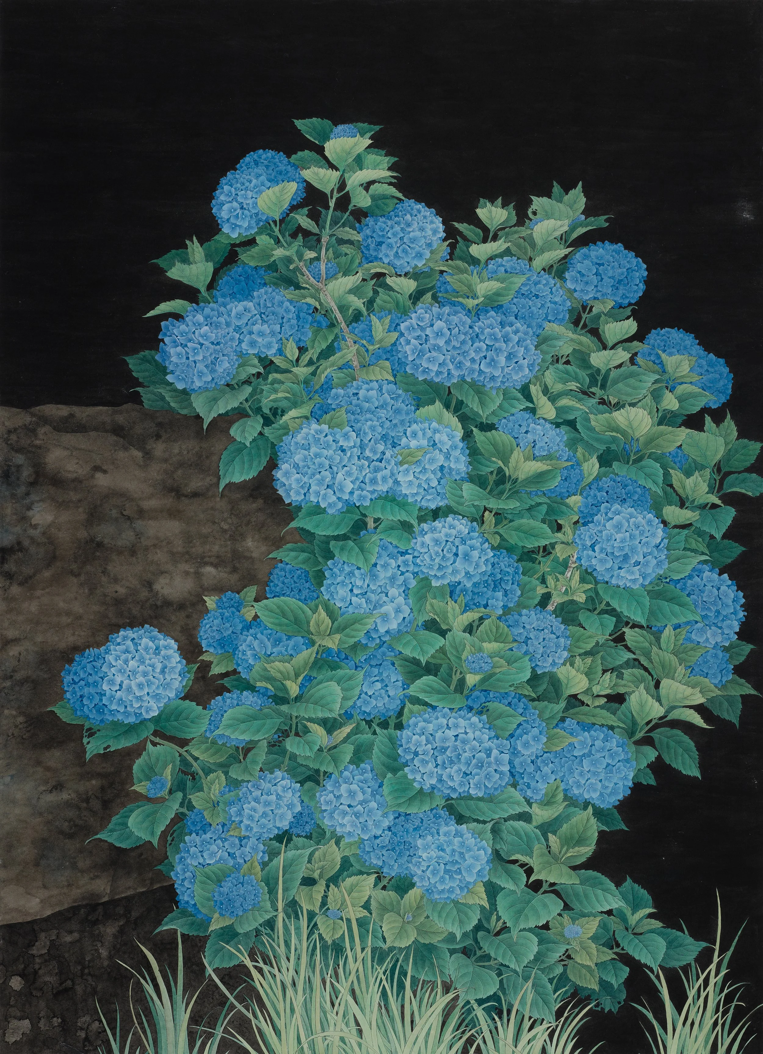 Blue Hydrangea 蓝色绣球花--
ink and colour on Xuan paper/
40 ½x 57 ½ in/103 x 146 cm/
2022