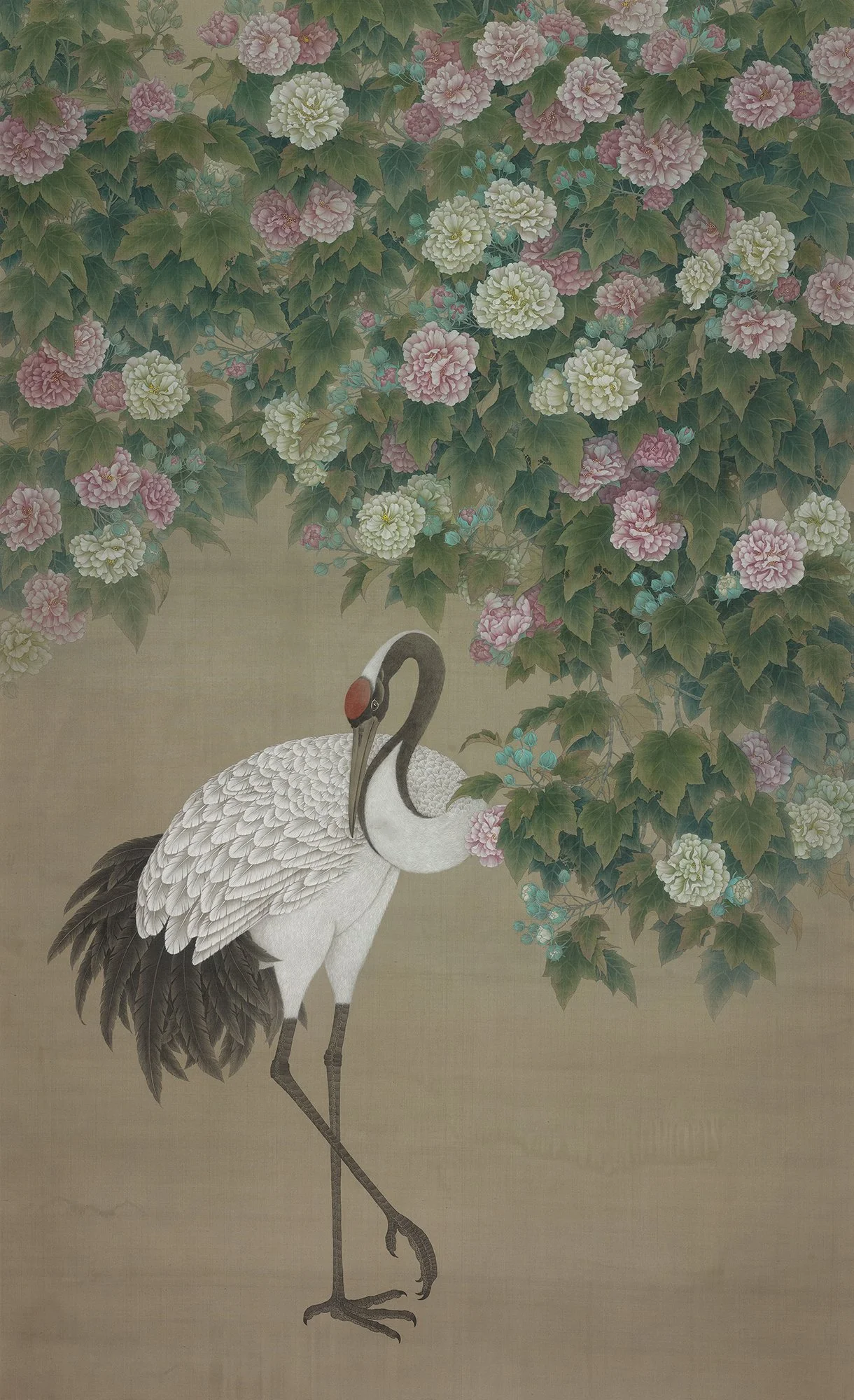 Crane Courtyard · Fall 鹤庭 · 秋--
ink and colour on silk/
47 x 79 in/120 x 200 cm/
2023