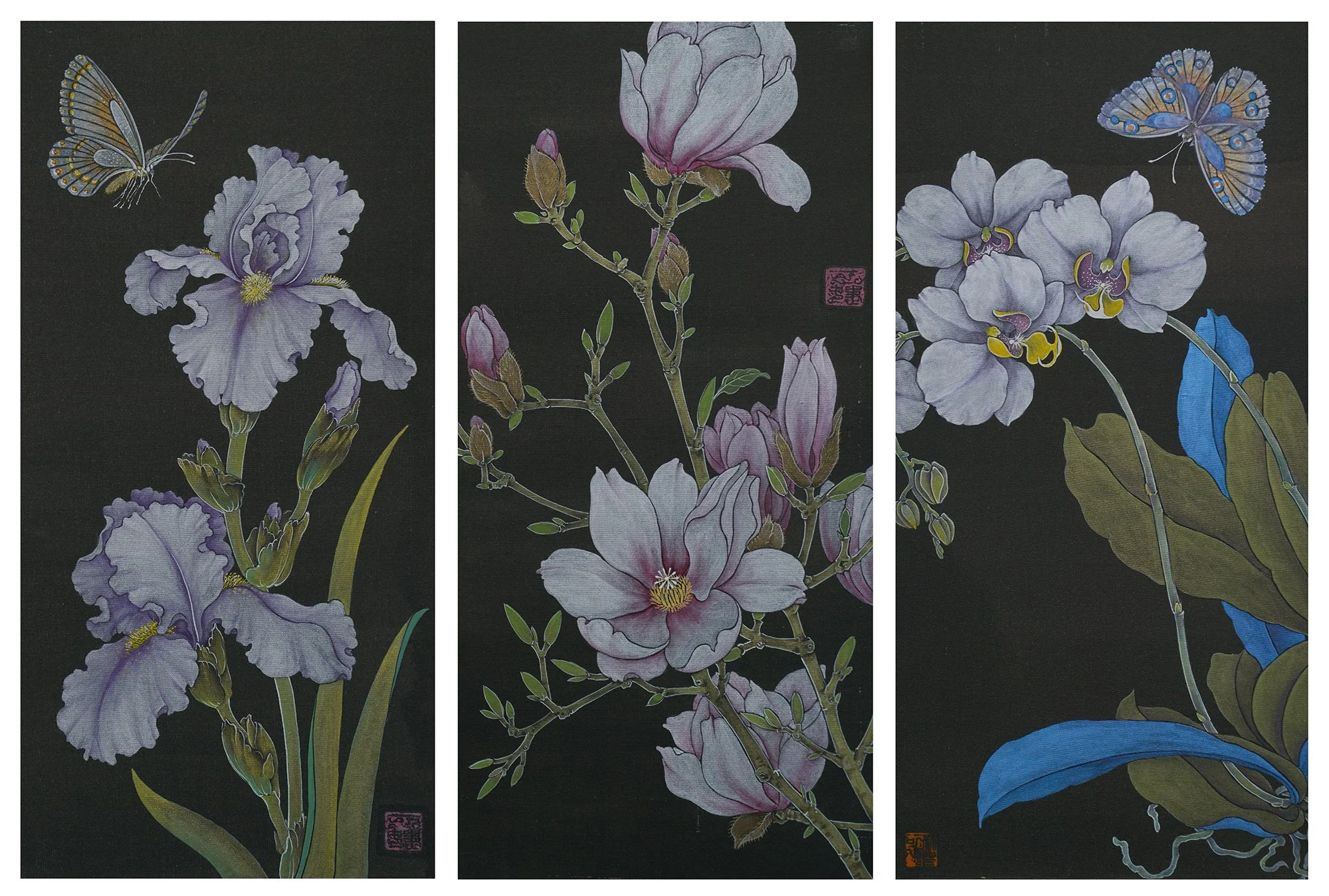 Flowers--
Ink, natural pigments ,mica powder on silk/7.5 x 14.5 in/19 x 37 cm/
2024