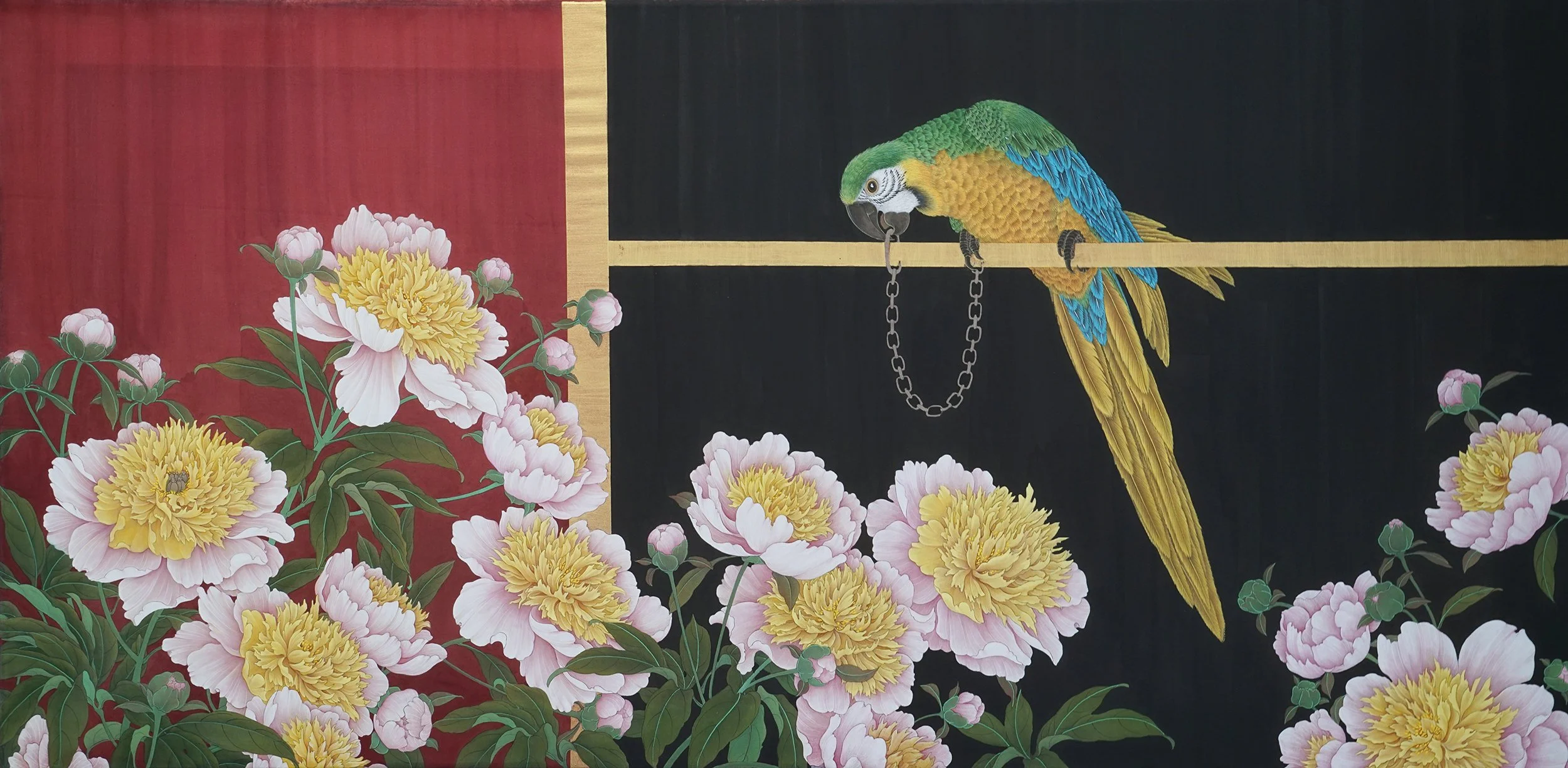 Peony and Parrot 芍药与鹦鹉--
ink and colour on silk/
36x 18 in/91 x 45 cm/
2025