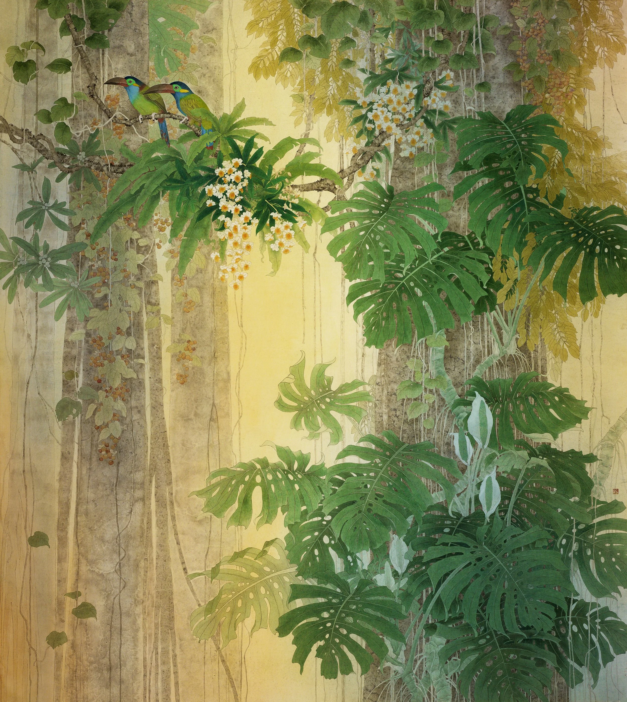 Tropical Garden 1 雨林晨光--
ink and colour on Xuan paper/
76x86 ½in/193 x 220cm/
2017