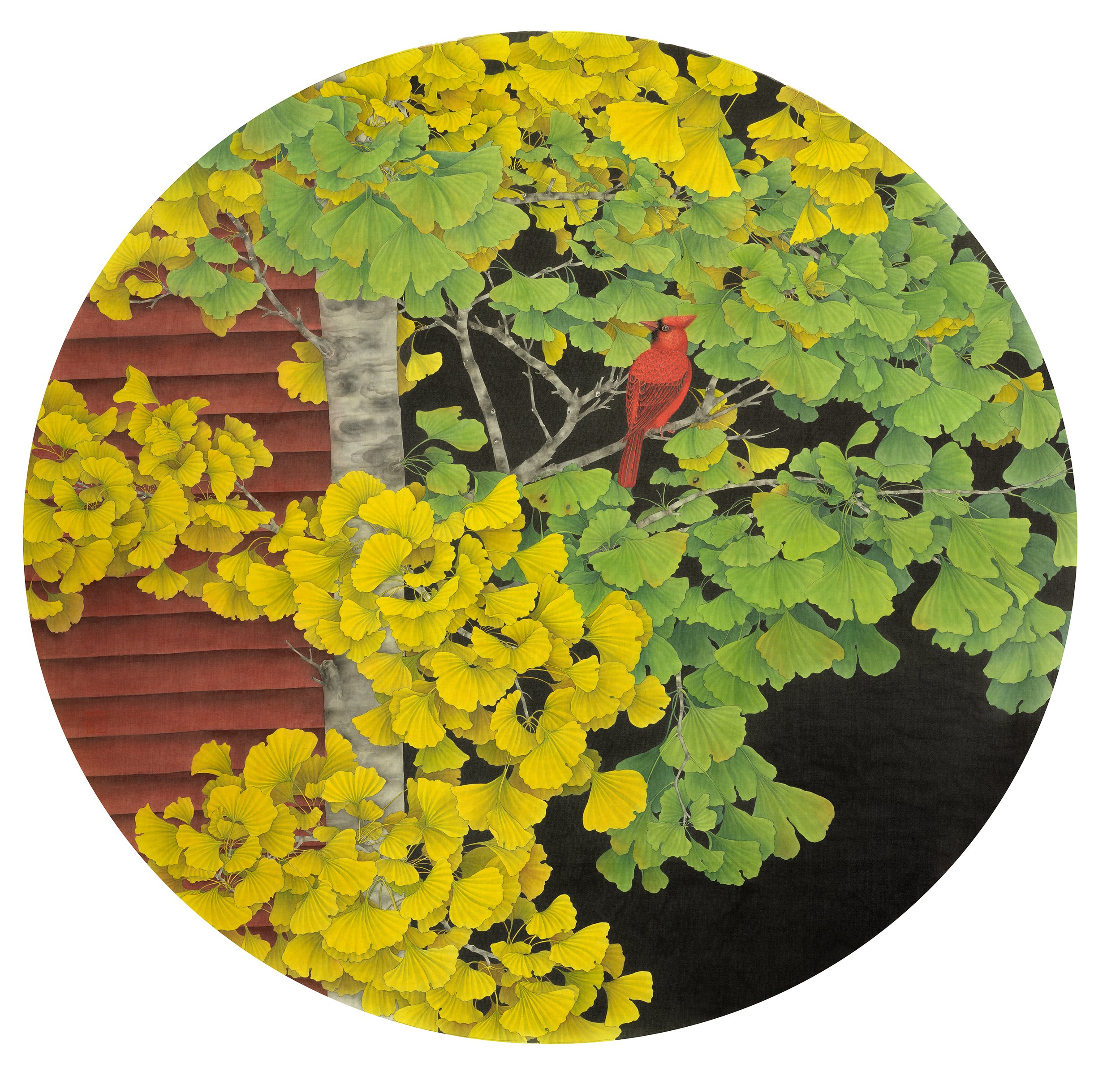 The ginkgo in my garden--
ink and colour on silk/
47 x 47 in/120 x 120 cm/
2024