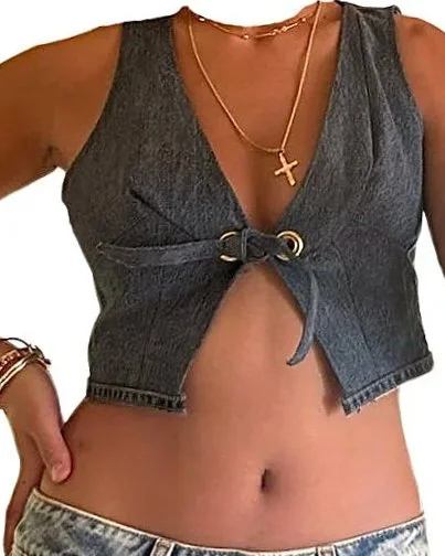 Recycled denim vest on model. 