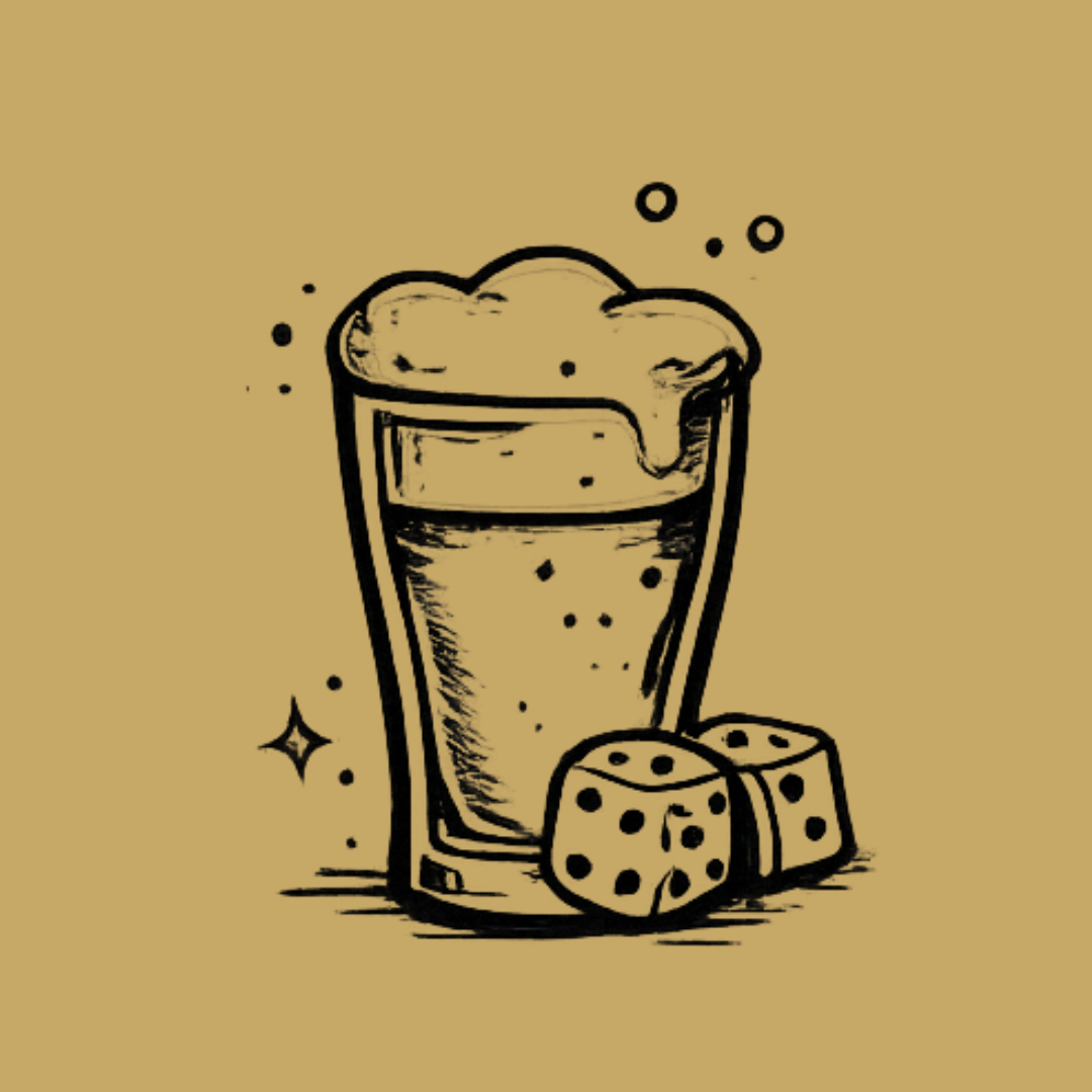 A sketched illustration of a glass of beer with foam on top, accompanied by two dice, on a beige background.