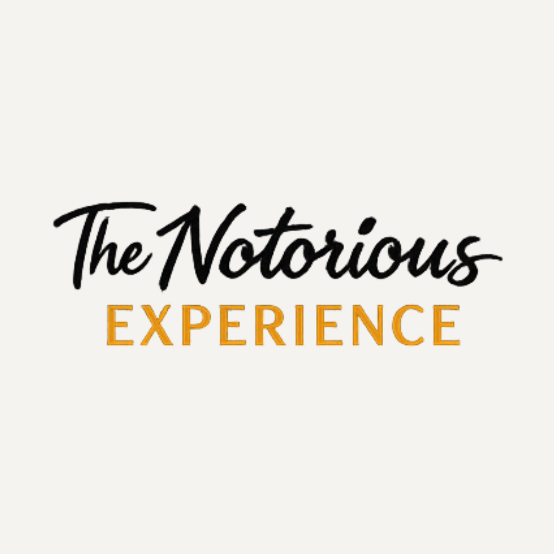Graphic with text 'The Notorious Experience' in black and orange fonts.