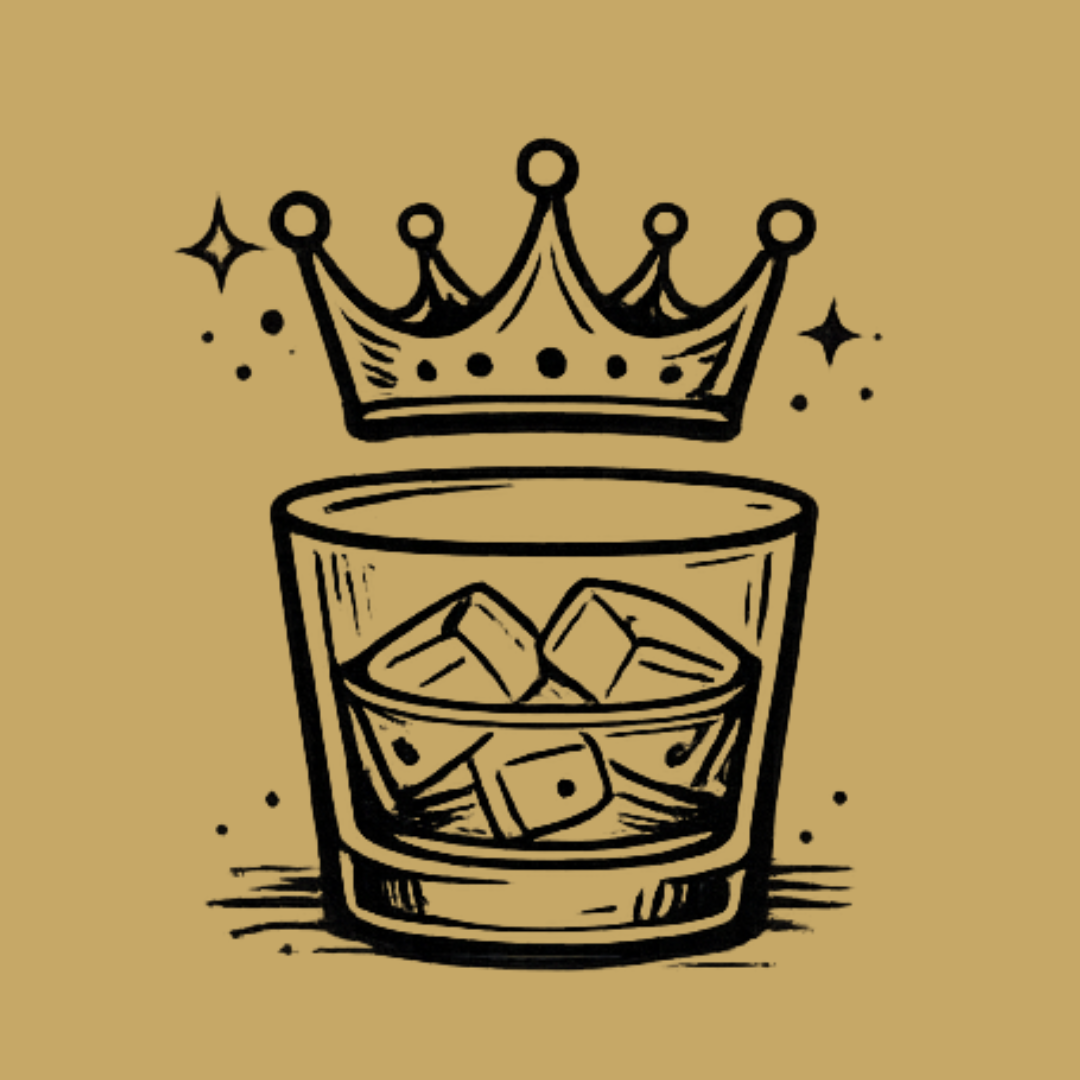 A drawing of a glass of whiskey with ice cubes, wearing a crown, on a tan background with small decorative sparkles.