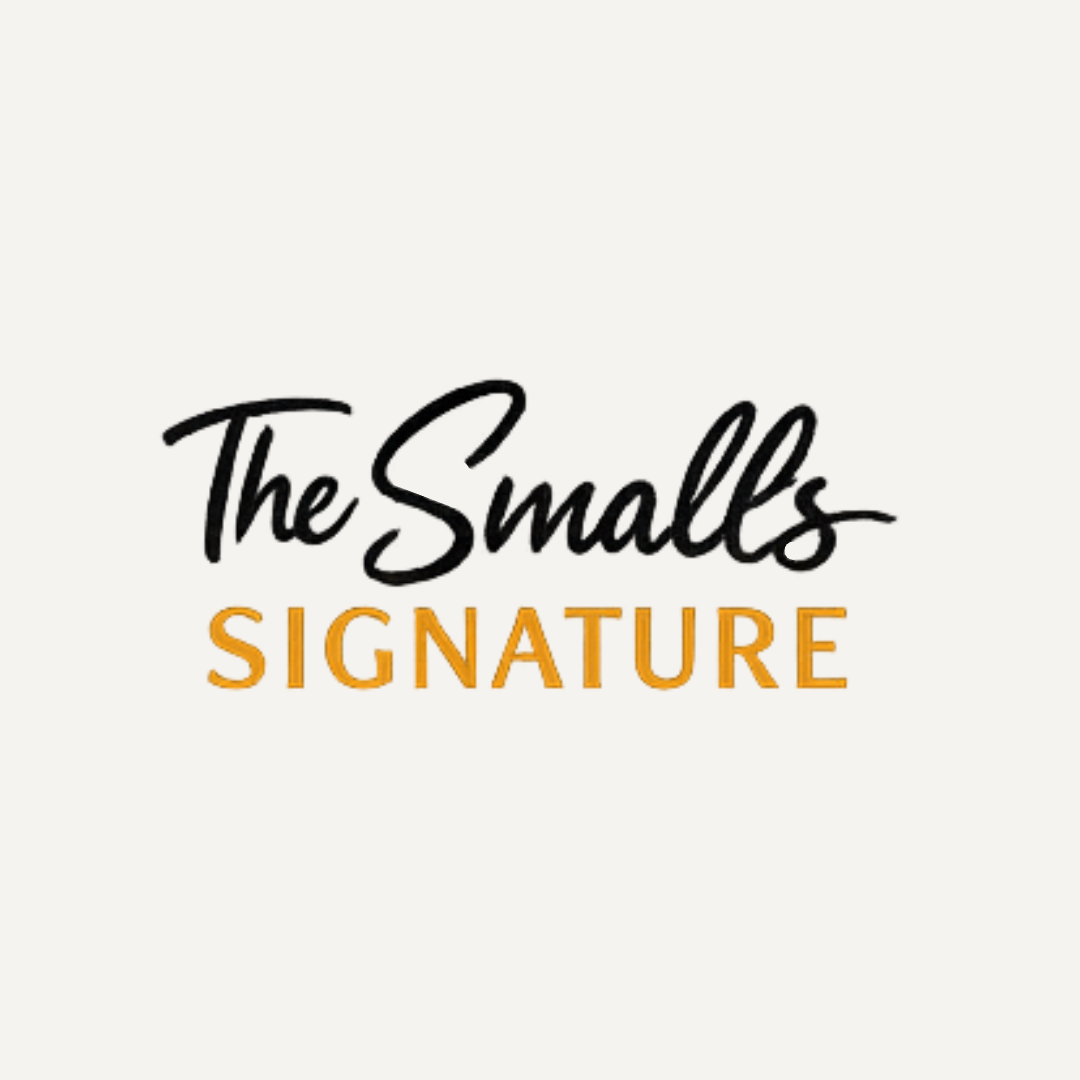 Logo with the text 'The Smalls Signature' in black and orange font against a light background.
