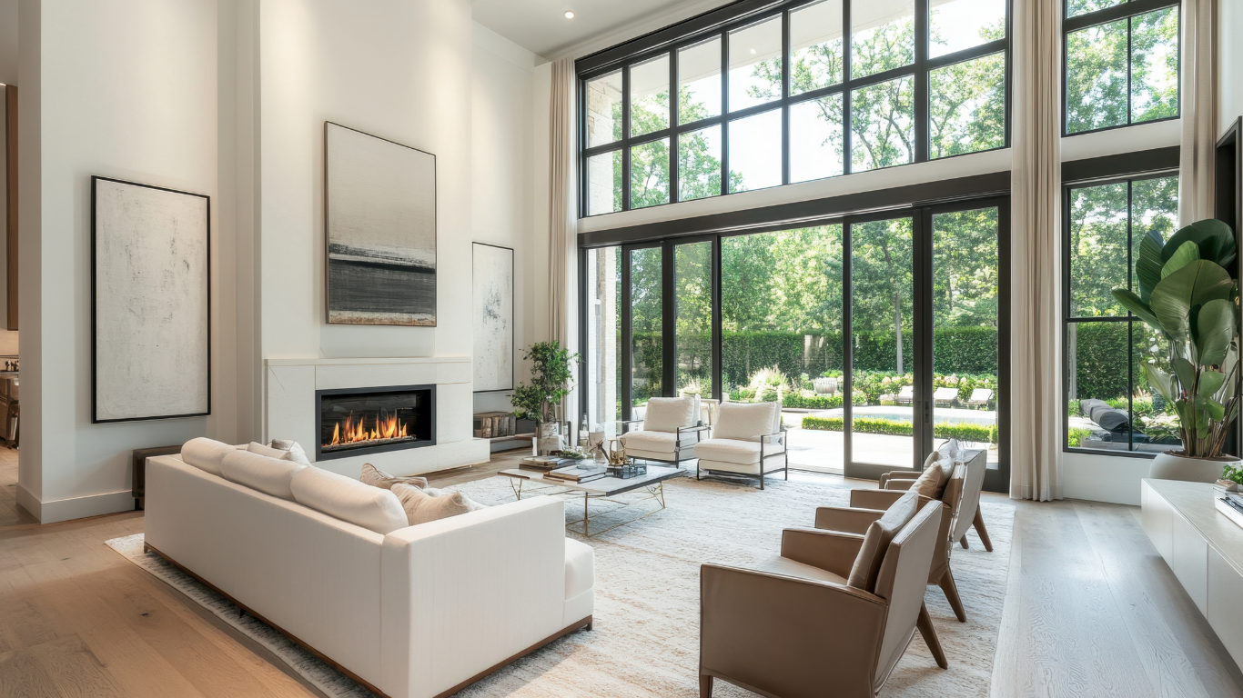 Modern living room with large floor-to-ceiling windows, white sofa, armchairs, and a fireplace with abstract artwork on the wall.
