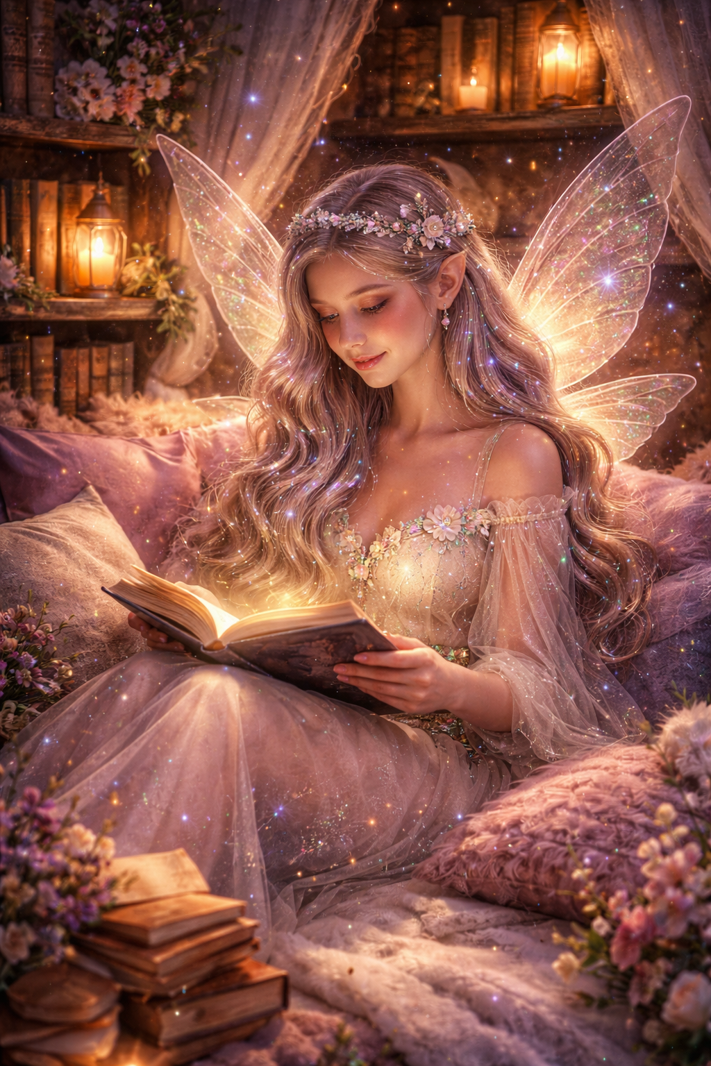 A fairy princess with glowing butterfly wings, wearing a floral crown and a gown with delicate embroidery, sitting on a bed of flowers and pillows, reading a glowing book in a cozy, candlelit room decorated with books and flowers.