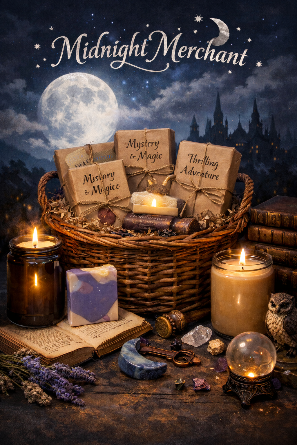 A mystical wizard's or sorcerer's workspace with a wicker basket containing wrapped packages labeled 'Mystery & Magic' and 'Thrilling Adventure,' surrounded by lit candles, crystals, a moon-shaped stone, a key, and ancient books with a dark blue night sky featuring a full moon, stars, and a castle silhouette in the background.