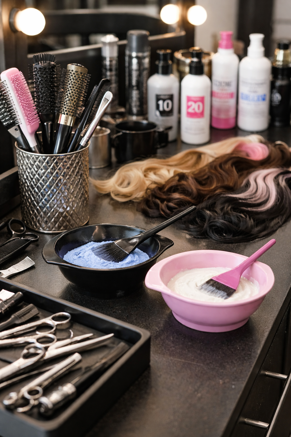 Hairdressing supplies on a table in a salon