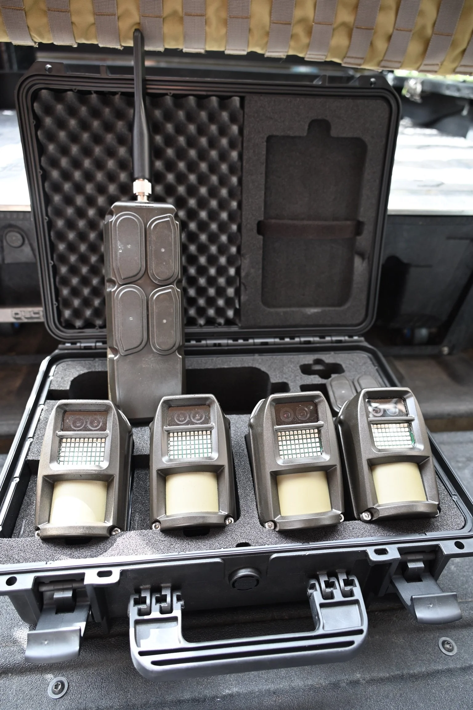 RapidDeployMobile™ Surveillance Kit, has four cameras arranged in a foam-padded carrying case.