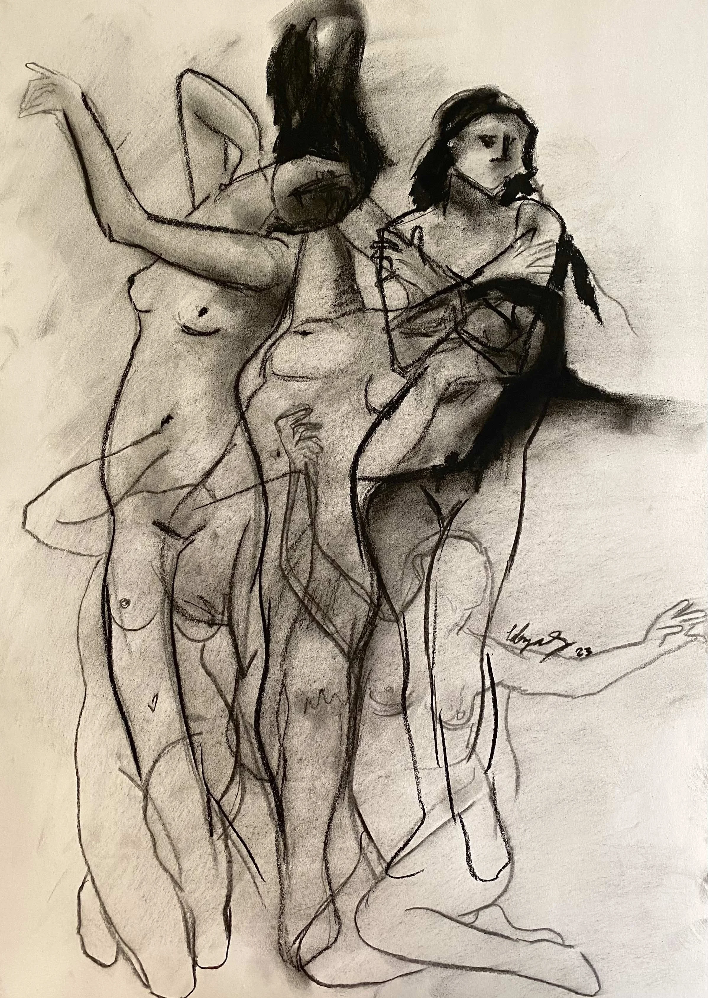 A black and white sketch of three nude women overlaid with lines and shading, with one woman standing with arms crossed and two women sitting or kneeling, all with expressive minimalistic features.