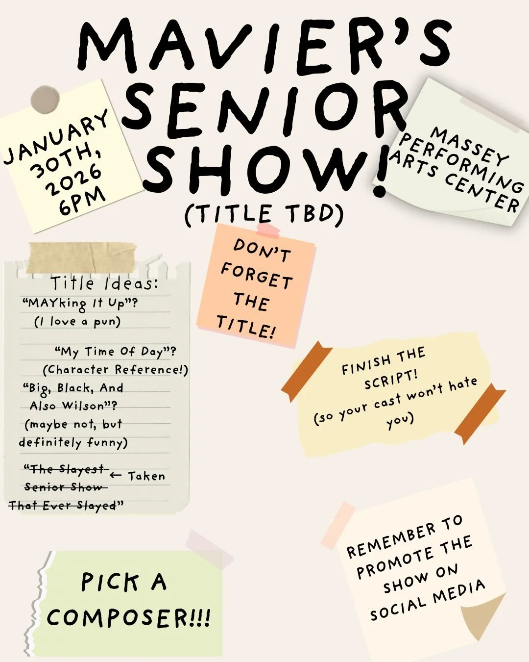 it&rsquo;s (almost) time for my Senior Show, (Title TBD)!!! Join me and my crew at 6pm on January 30th for an hour of song, dance, and just a dash of tomfoolery 😋