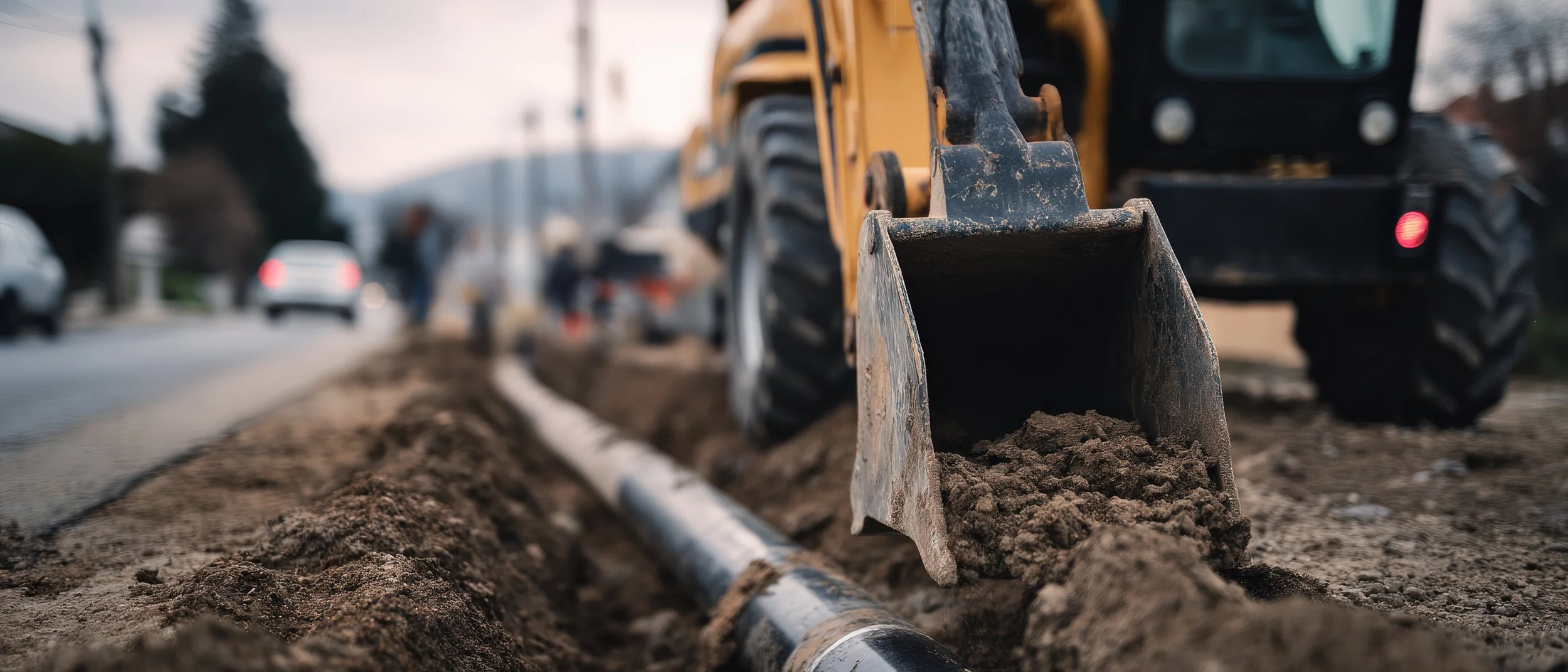 Close-up of a construction excavator digging a trench on a street, with dirt and a pipe visible, blurred street scene in the background.