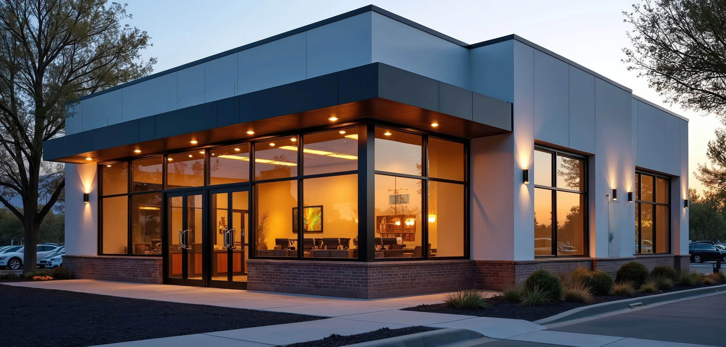 Modern two-story commercial building with large glass windows and prominent lighting, surrounded by trees and parking lot at sunset.