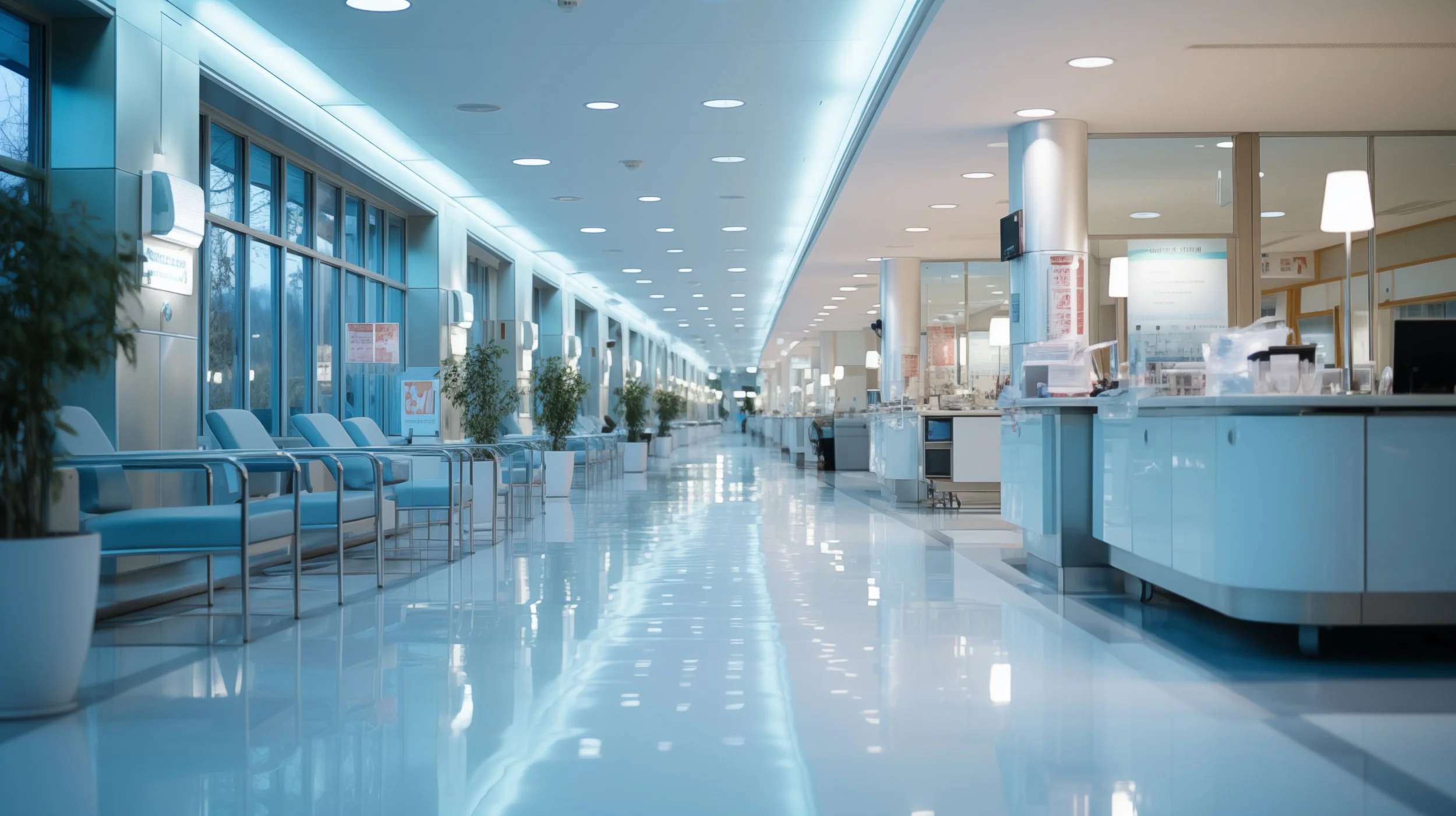 Empty hospital waiting area with blue chairs, potted plants, large windows, and a reception counter.