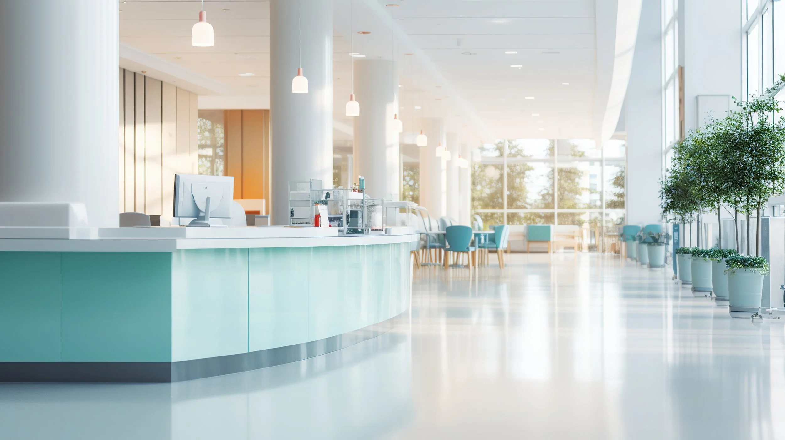 An empty modern hospital or clinic waiting area with a curved reception counter, a computer, and seating with blue chairs. Large windows allow natural light to fill the space, and there are green potted plants along the wall.