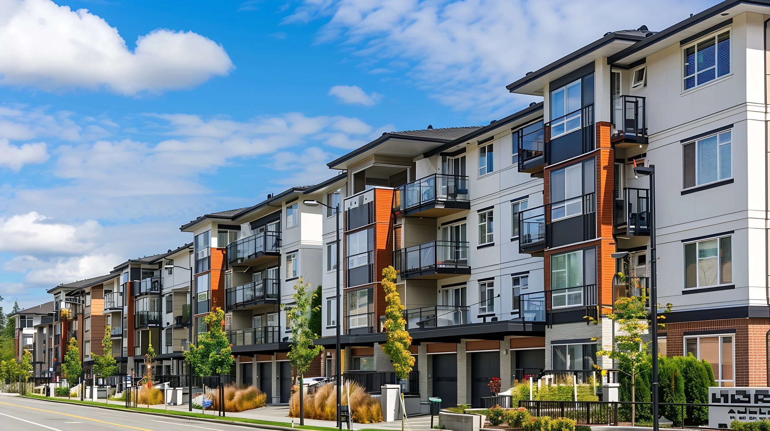 Multi-story modern apartment building with balconies under a partly cloudy sky, surrounded by landscaped greenery and trees.