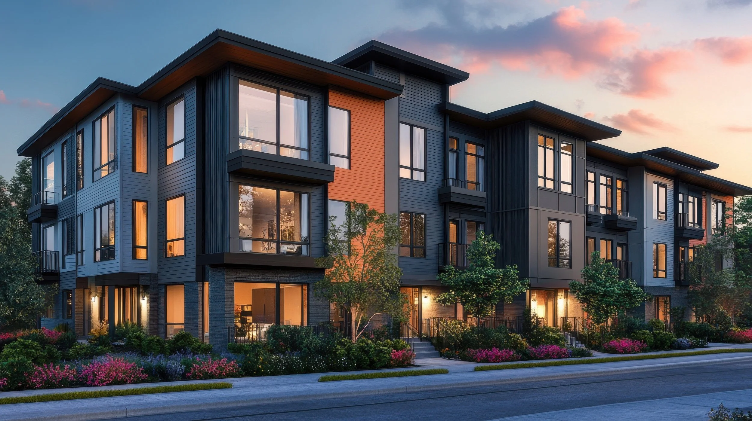 Modern multi-story apartment building with large glass windows, surrounded by greenery and colorful flowers, under a sunset sky.