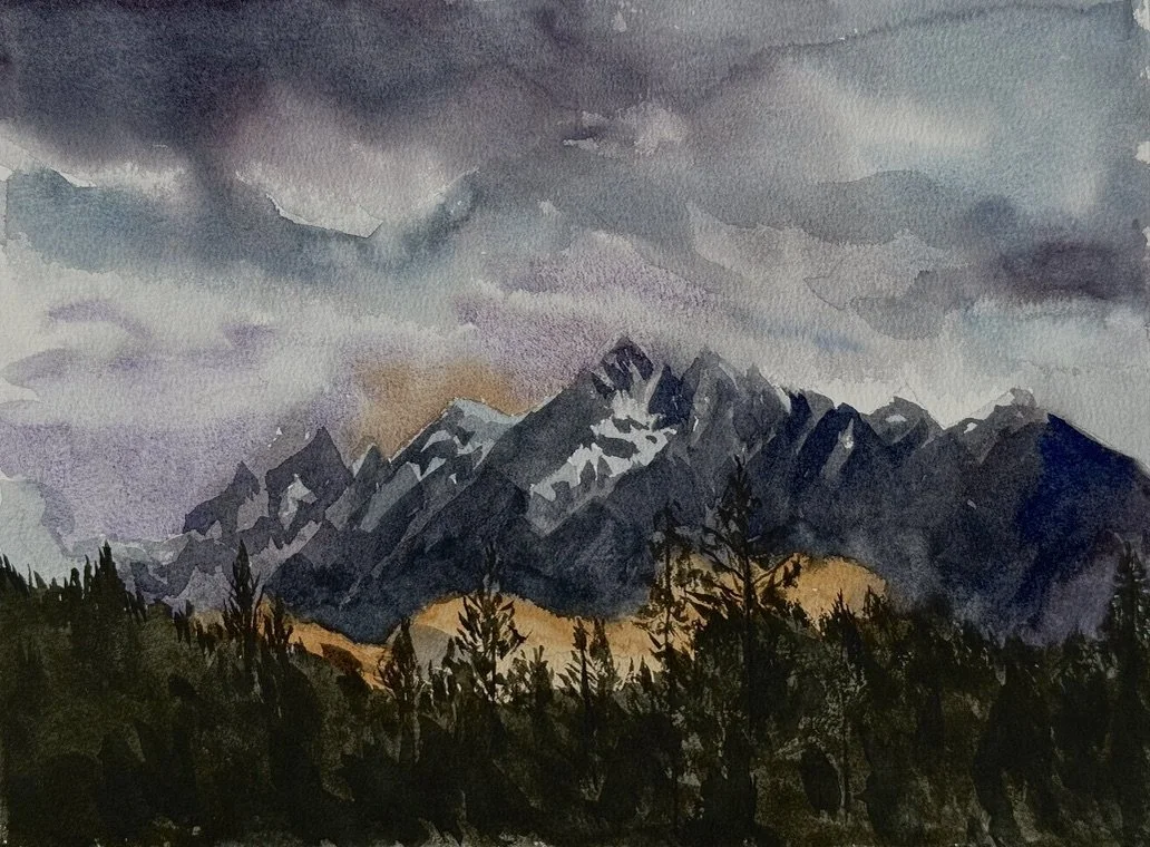 "Dawn Over Frisco," watercolor and pencil, 9" x 12" Frisco, CO 2025.                                     $300