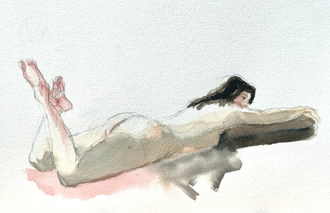 "Sabrina Reclining 2," 9"x12" watercolor and pencil 2026 $200