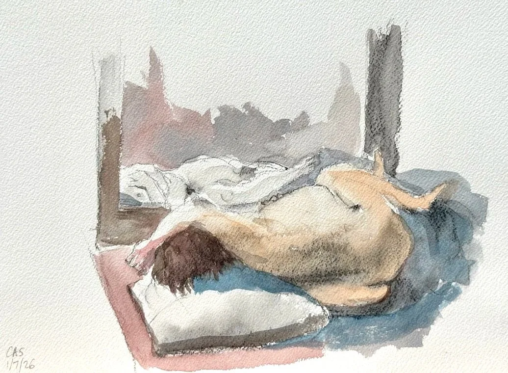 "Cas Reflected," 9"x12" watercolor and graphite 2026 $200