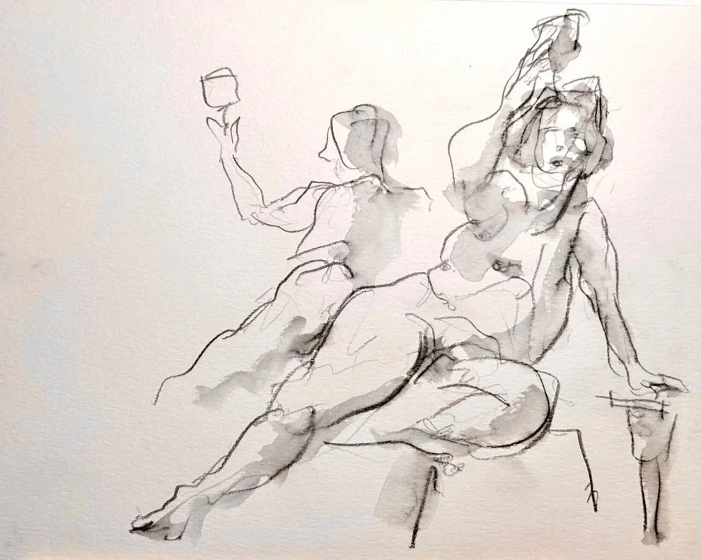 "Cas Toasting," 11"x15" graphite and wash 2026 $150