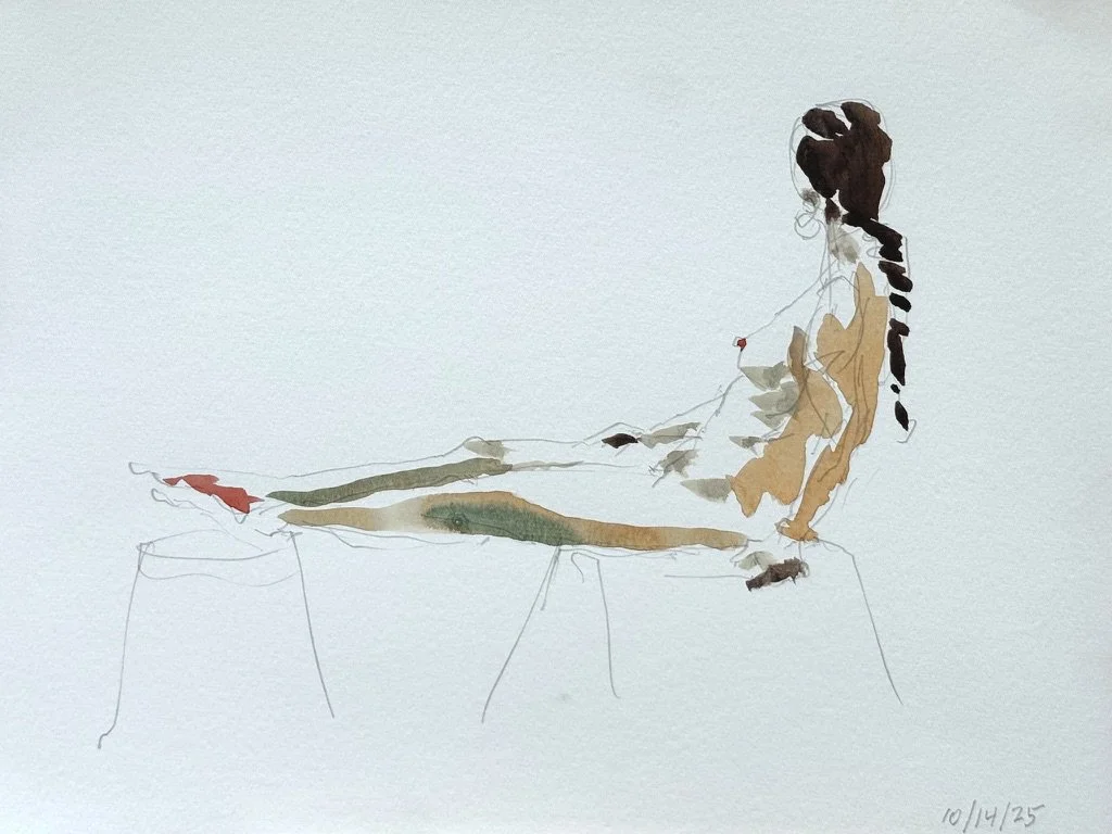 "Natalia Suspended," 9"x12" watercolor and pencil, 2025, $200
