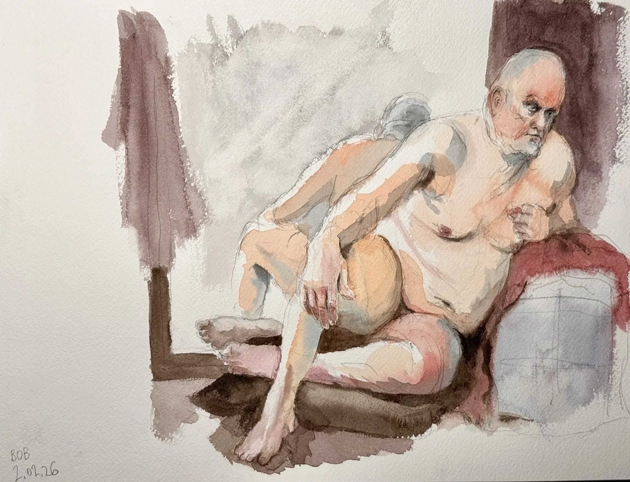 "Bob Leaning," 10"x14" watercolor and pencil 2026 $250