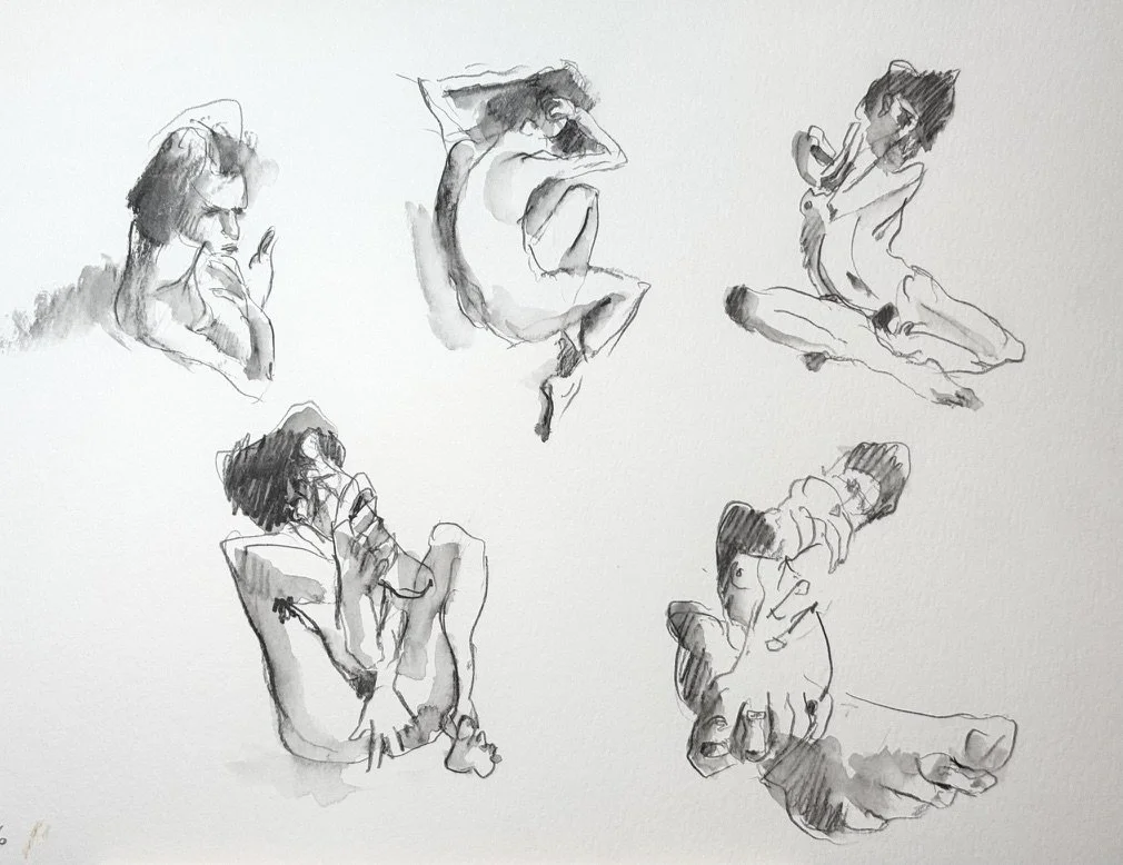 "Olja in Motion 2," 11"x15" graphite and wash 2026 $250 