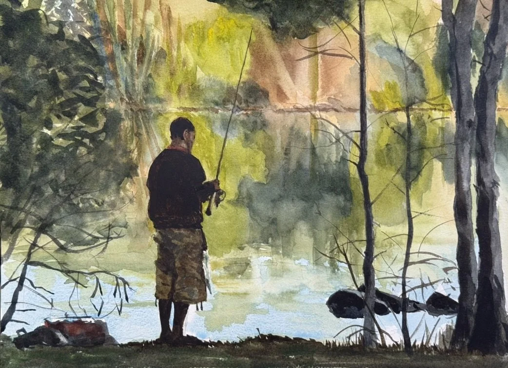 "Fishing Spot," watercolor and pencil, 10" x 14" Turner's Pond 2025                                  $300