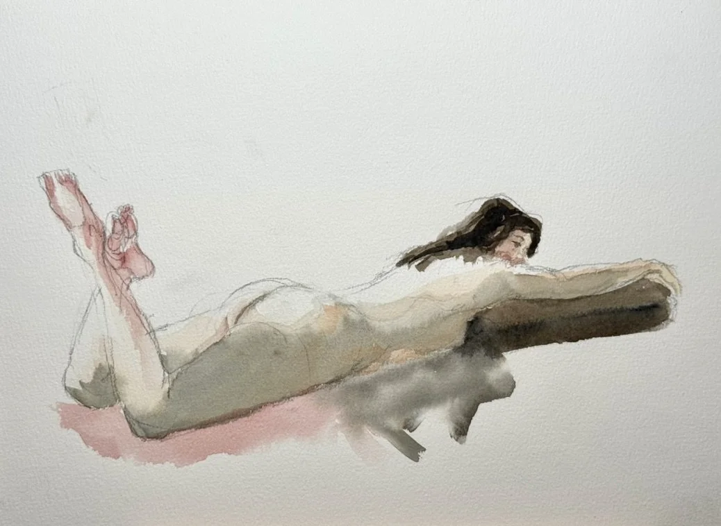 "Sabrina Reclining 2," 9"x12" watercolor and pencil 2026 $200