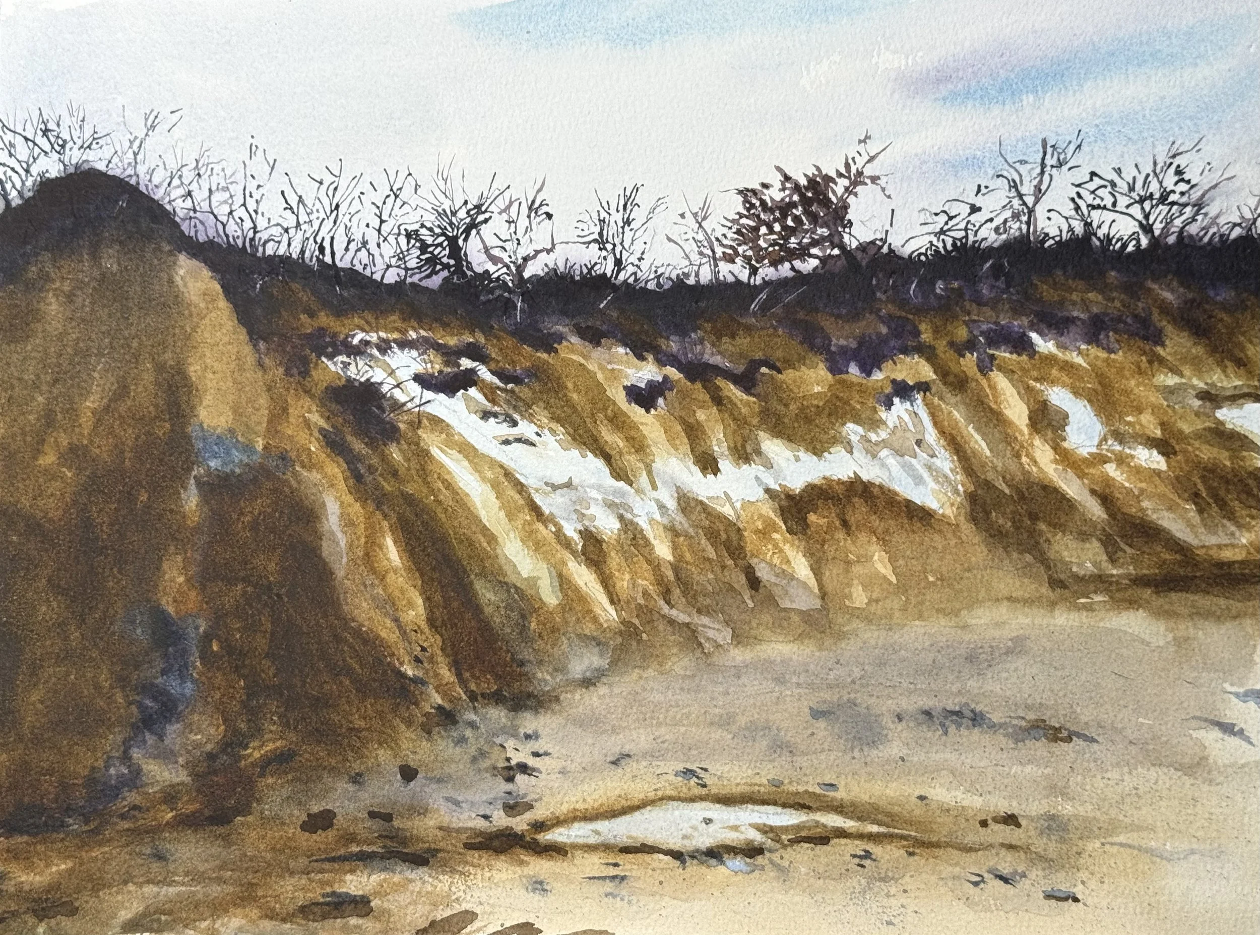 "Winter Dune," 9"x12" watercolor and pencil, 2025, Wellfleet (SOLD)