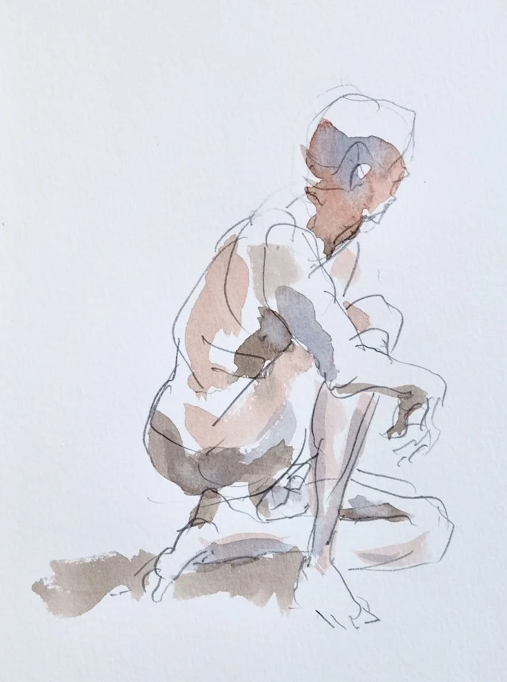 "Jim Sitting," 9"x12" watercolor and pencil 2025 $150