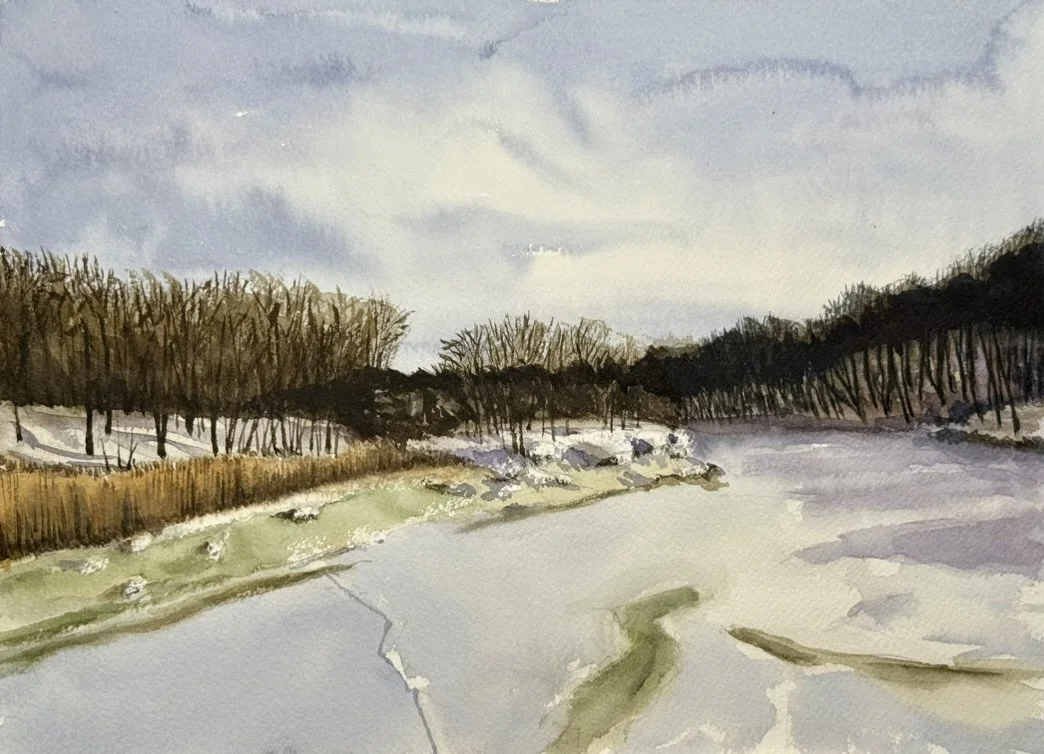 "Riverbend," watercolor and pencil, 9" x 12" Neponset River 2026                      $250