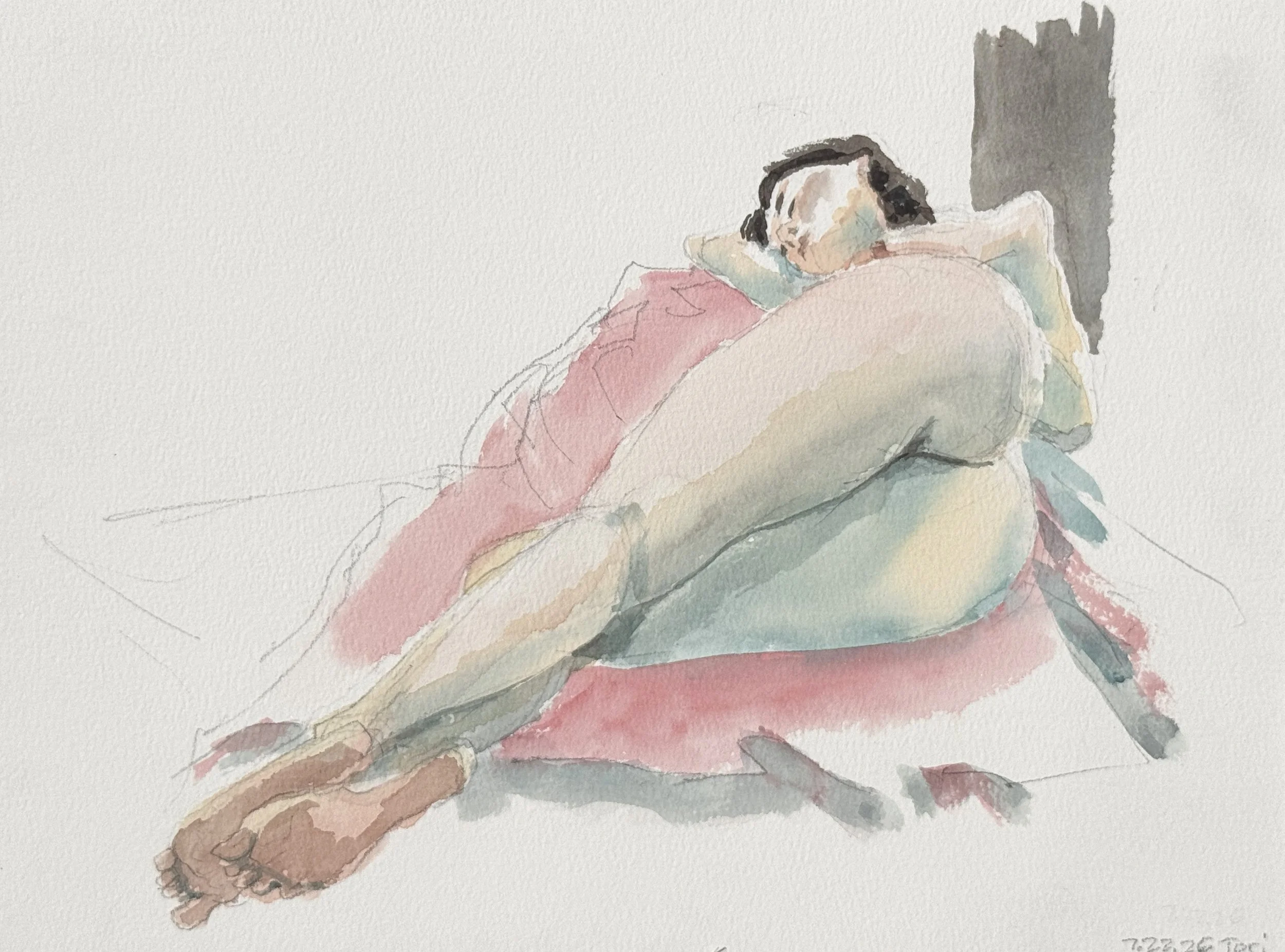 "Tori on Rose Fabric," 10"x14" watercolor and pencil, 2026. $250
