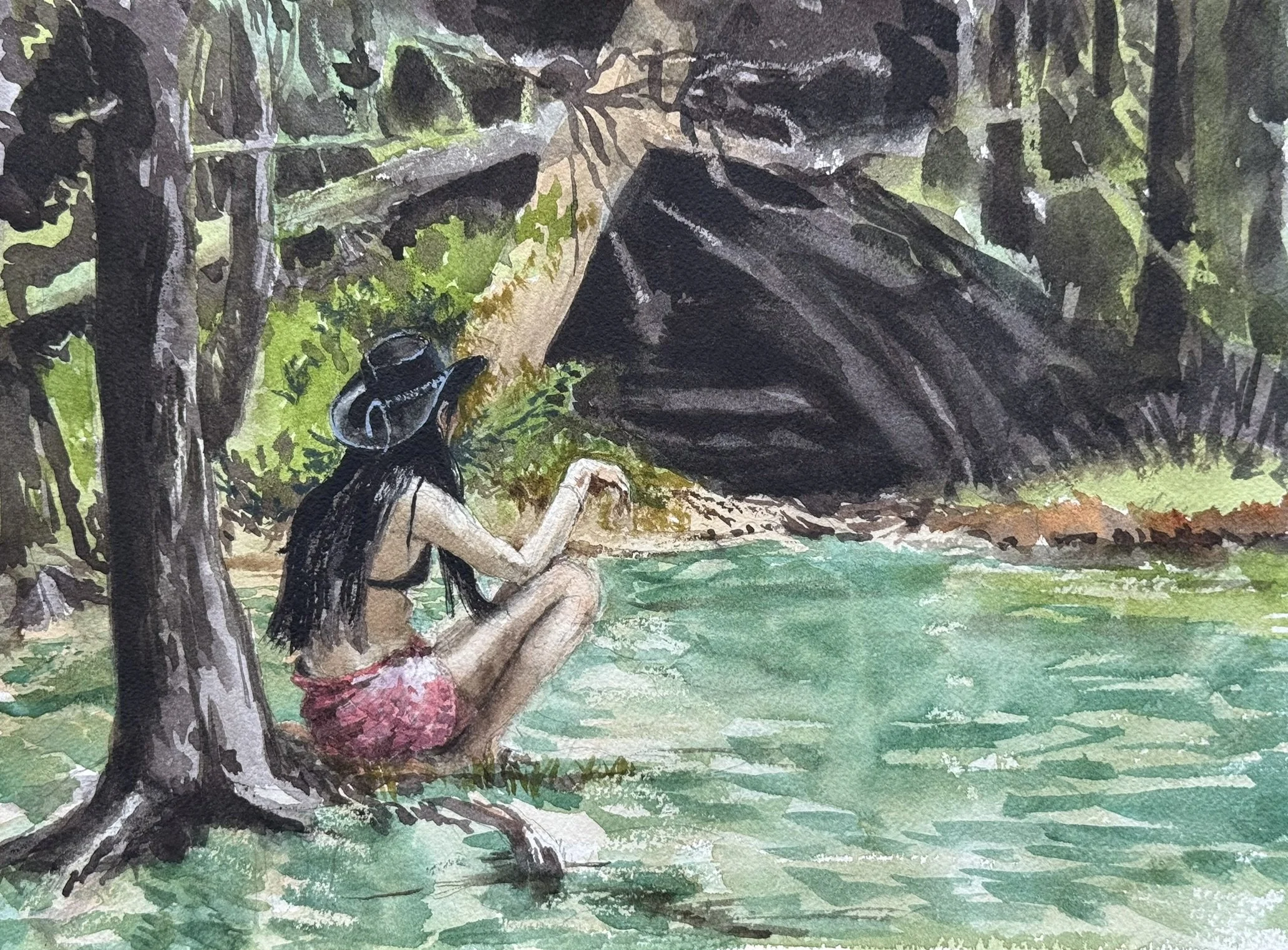 "Bather with Leather Hat," 9"x12" watercolor and pencil, String Lake, Wyoming 2025  $250