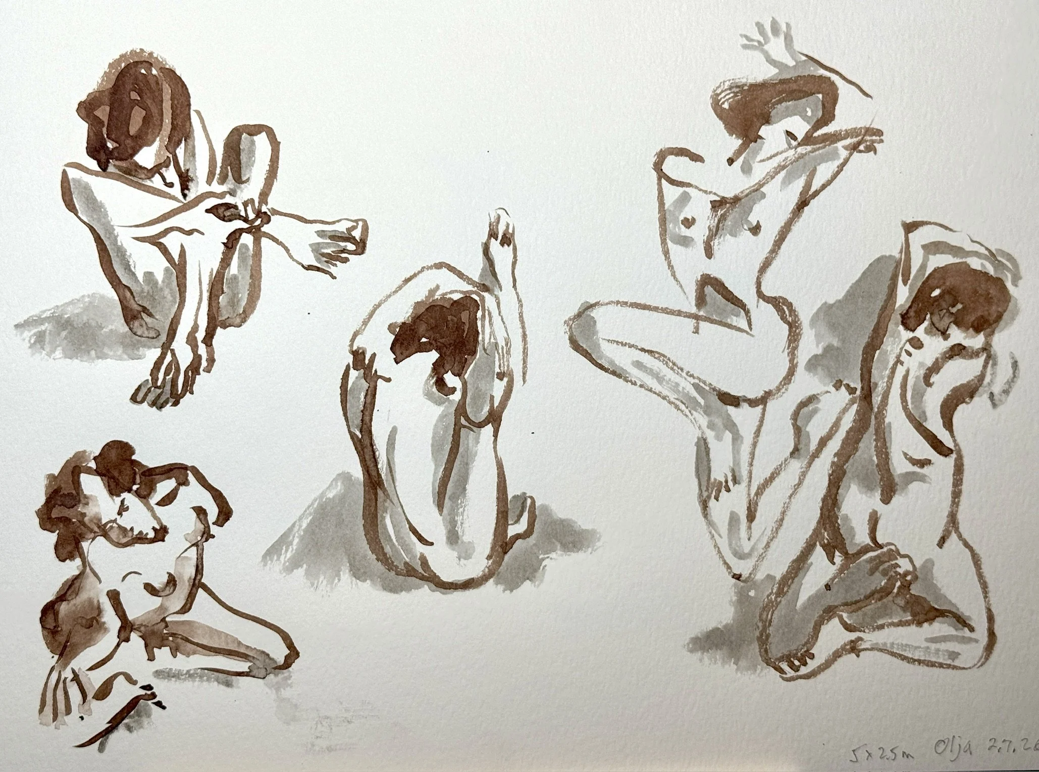 "Olja in Motion," 11"x15" brush and ink 2026 $250