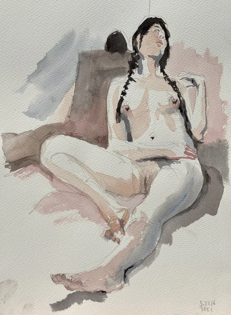 "Tori Reclining," 10"x14" watercolor and pencil, 2026. $250