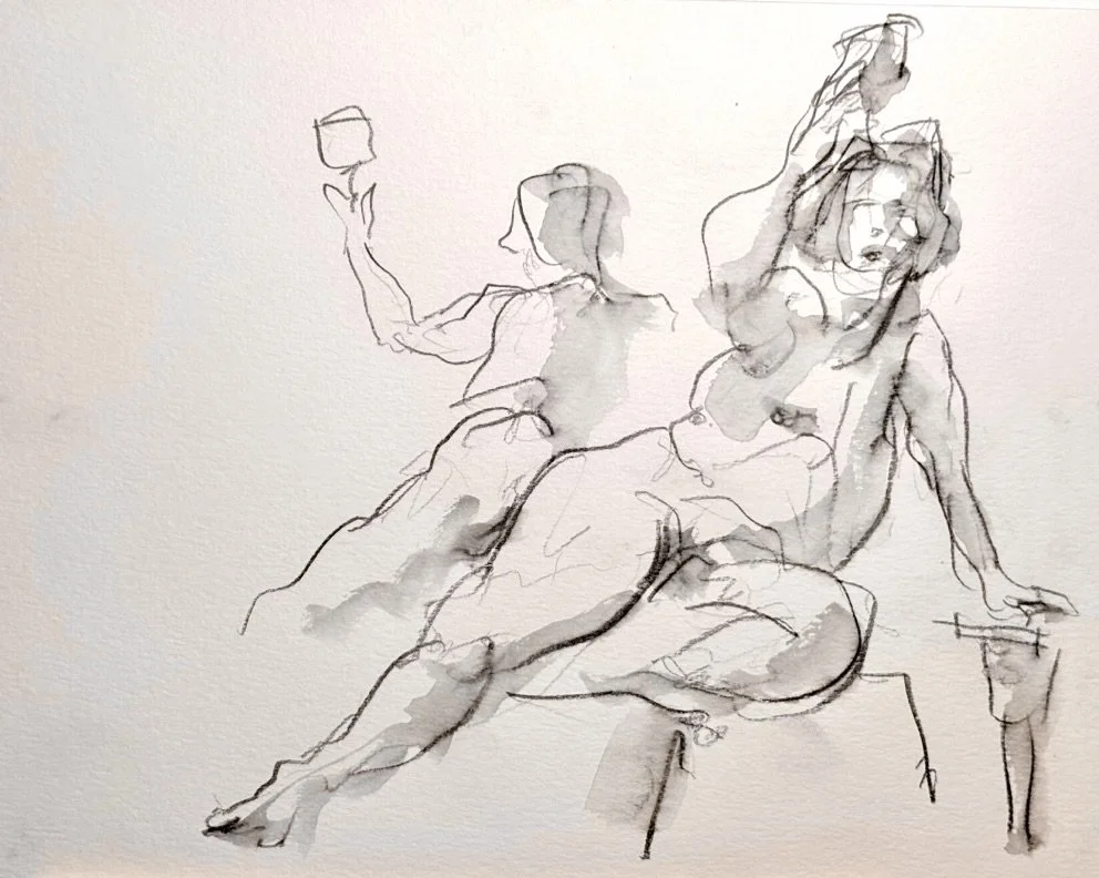 "Cas Toasting," 11"x15" graphite and wash 2026 $150