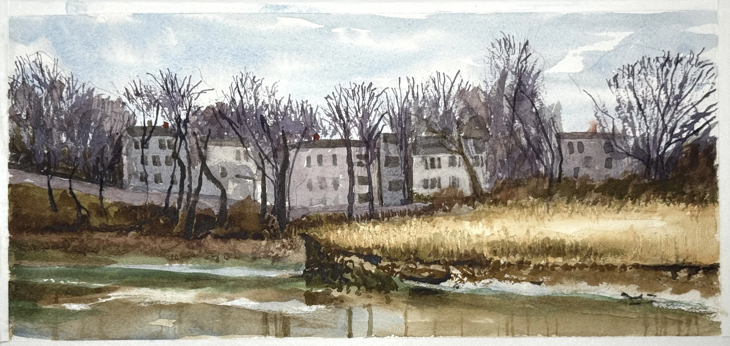 "Dorchester Low Tide," 6"x13" watercolor and pencil 2026     $250