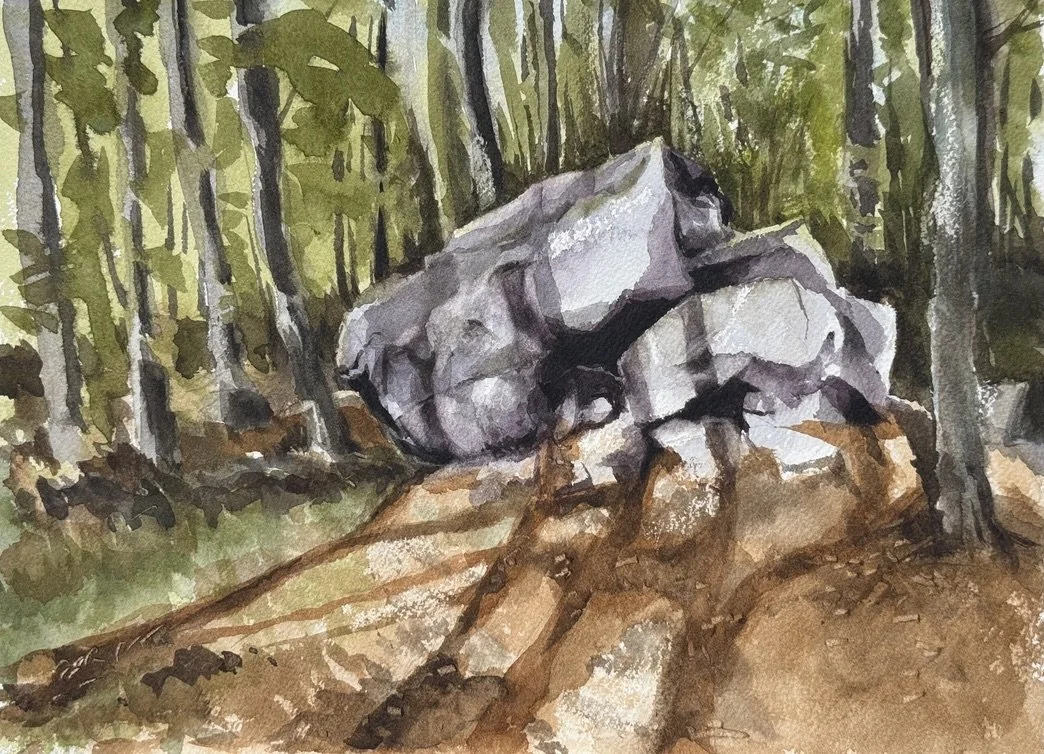 "Waking Boulder," watercolor and pencil, 9" x 12" Blue Hills 2025. $250