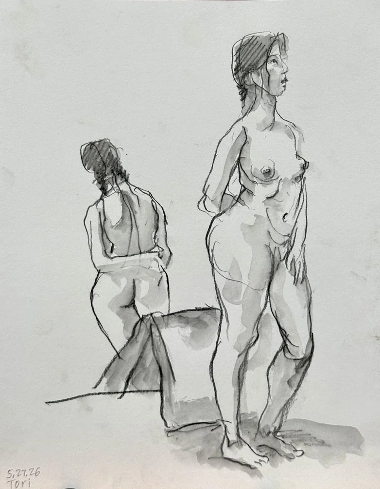 "Tori Reflected," 11"x14" graphite and wash, 2026. $150