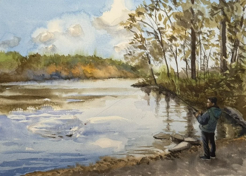'Trout Action," watercolor and pencil, 10" × 14" Houghton's Pond, Milton, 2025                 $250