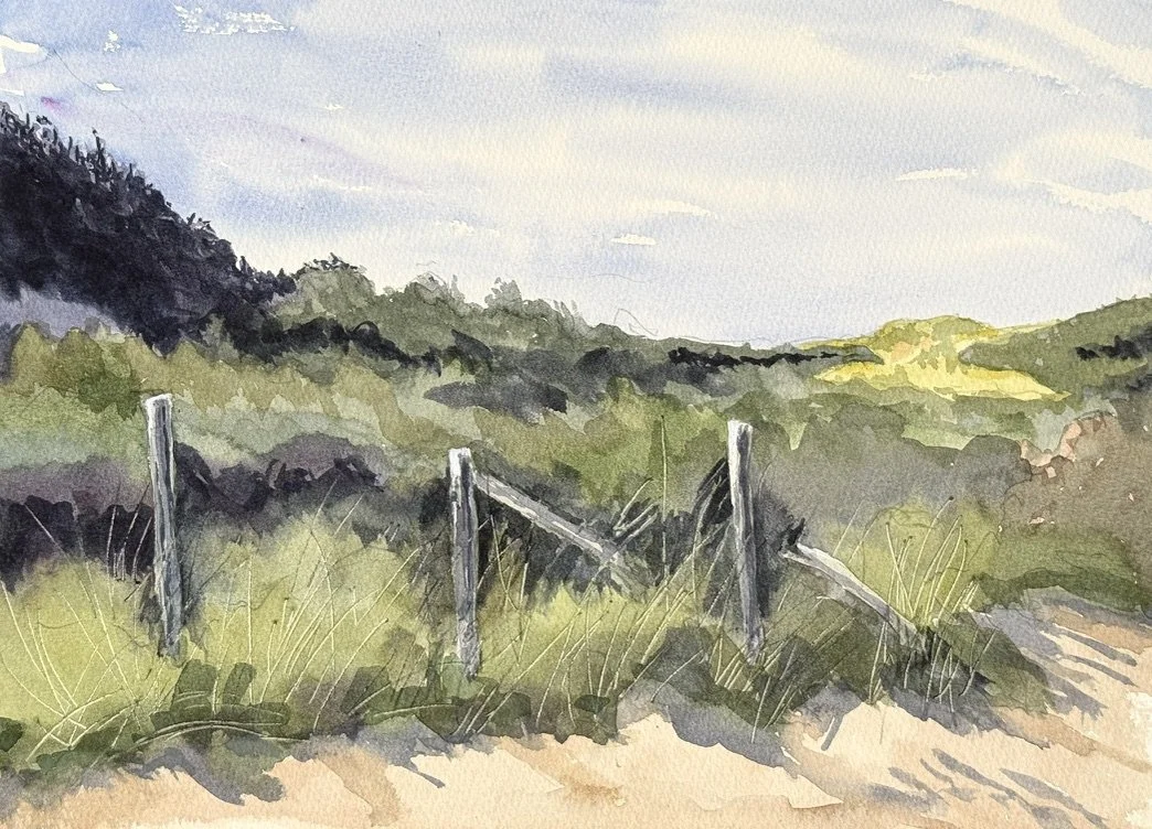 “Dune Fence,” 10”x14” Outer Cape, watercolor, pencil, and gouache, 2026 $300